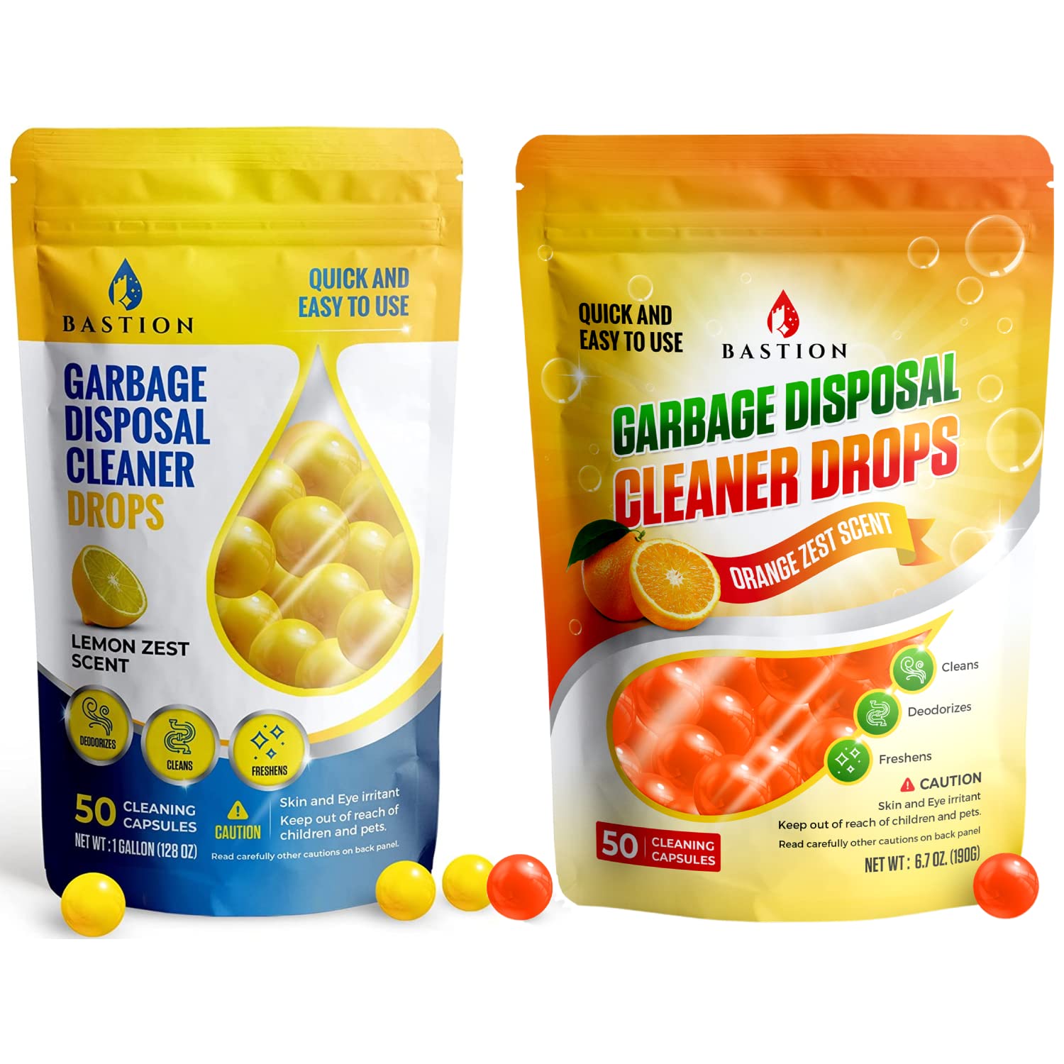 Bastion Garbage Disposal Cleaner & Deodorizer Drops Bundle - Orange & Lemon Scented Kitchen Sink Freshener Pods, Drain Odor Eliminator & Disposer Care Balls | Eliminates Bad Smells, Cleans & Freshens Sink Drain for a Cleaner Kitchen