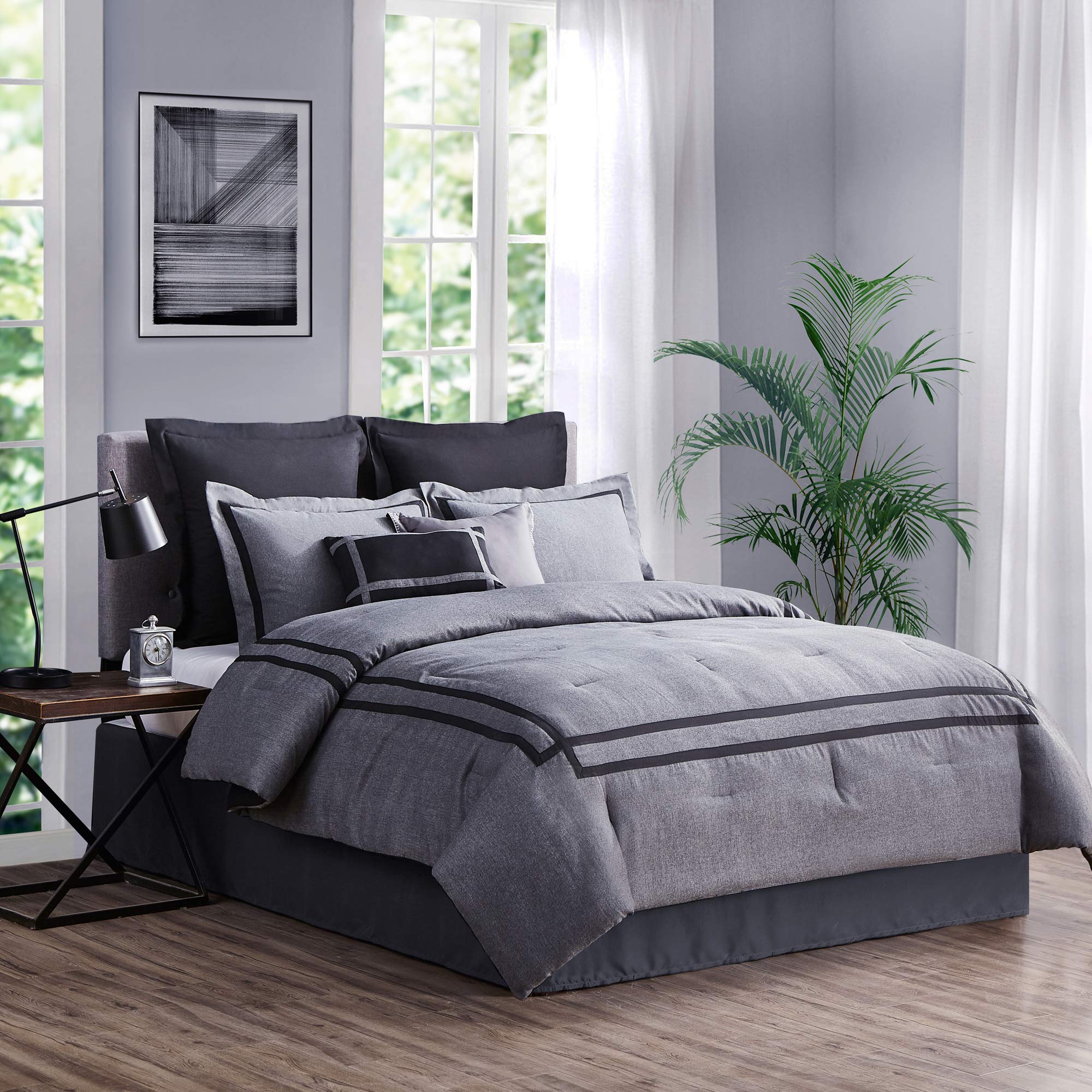 SHALALA 8-Piece King Size Comforter Set - Luxury Hotel Style Bedding with Matching Bed Skirt, Pillow Shams & Decorative Pillows | All-Season Grey Comforter for Master Bedroom & Guest Room (King Size, Gray)