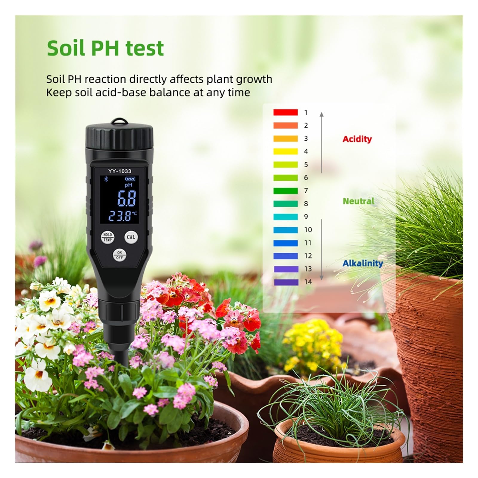 Smart Soil pH Meter 0.0-14.0 pH Tester with Temperature Sensor - Digital Soil Acidity Analyzer for Hydroponics, Garden, Farm & Water Testing - Perfect for Indoor Plants, Lawn Care and Agriculture