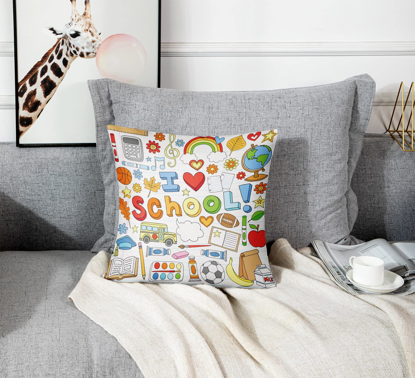 Emvency 18x18 Inch Brown Teacher Throw Pillow Cover - I Love School Doodles Design, Polyester Decorative Pillowcase with Hidden Zipper | Perfect for Classroom Decor, Teacher Appreciation Gifts & Cozy Home Decor