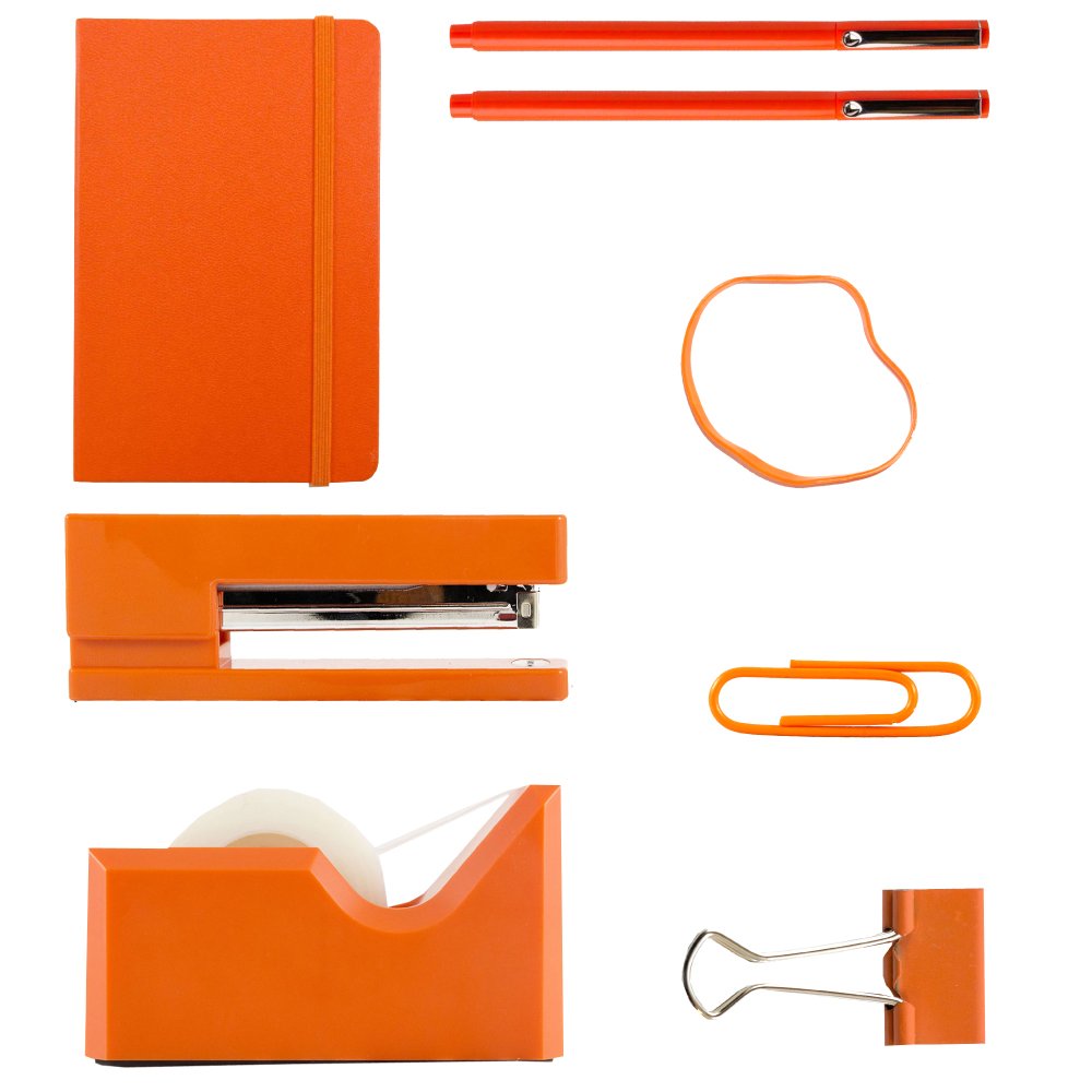 JAM PAPER Complete Desk Kit - Orange Office Supplies Set with Stapler, Tape Dispenser, Journal, Pens, Rubber Bands, Paper Clips & Binder Clips - 7 Piece Pack for Home Office, School & Work Organization