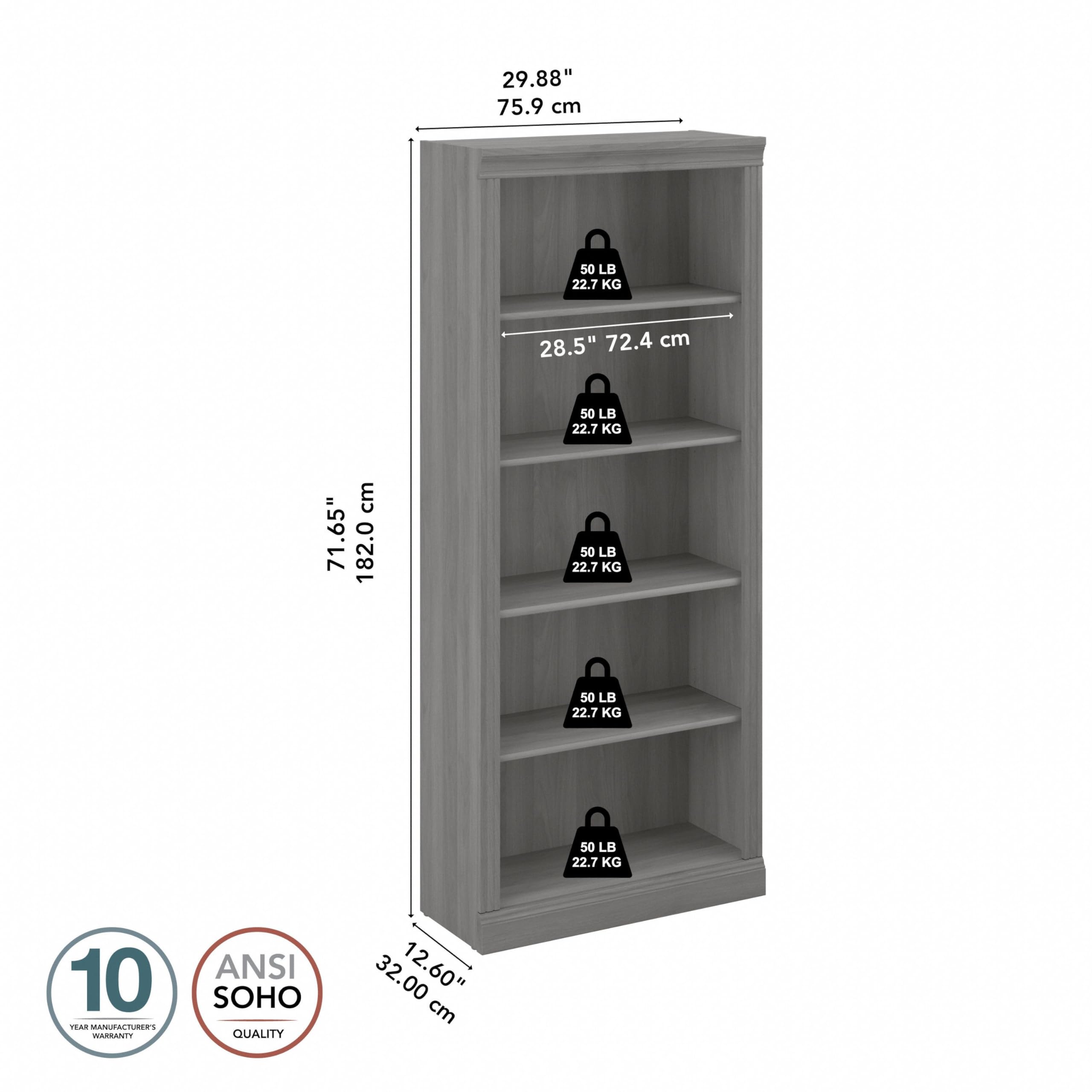 Bush Furniture Saratoga 5-Shelf Tall Bookcase in Modern Gray - Home Office Organizer & Vertical Storage for Books, Office Supplies | Perfect for Living Room, Study, or Workspace