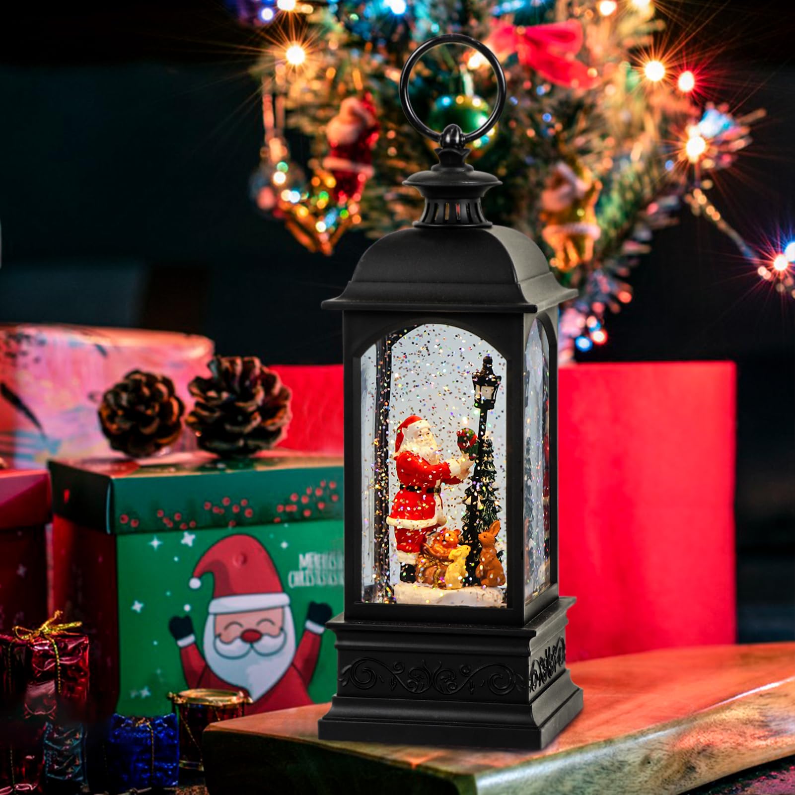 Eldnacele Santa Music Snow Globe Lantern - 6 Hour Timer, Battery & USB Powered, Singing Lighted Christmas Decoration with Swirling Water & Glitter | Perfect for Holiday Home Decor, Gift Giving & Festive Party Ambiance