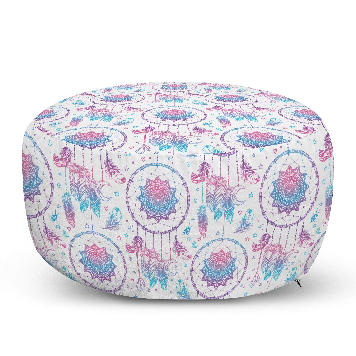 Ambesonne Ethnic Ottoman Pouf with Ornamental Mandala Dreamcatcher Design - Soft Foot Rest Stool with Removable Cover for Living Room & Bedroom - White, Sky Blue & Pink - Perfect for Home Decor, Meditation Spaces & Boho Chic Interiors