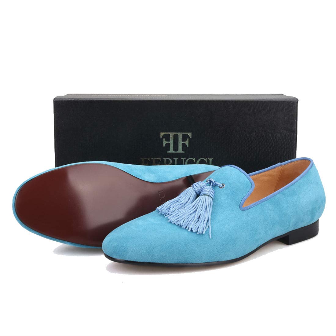 FERUCCI Men's Light Blue Suede Loafers - Comfortable Slip-On Slippers with Big Blue Tassel | Casual Indoor & Outdoor Shoes for Relaxing at Home or Running Errands