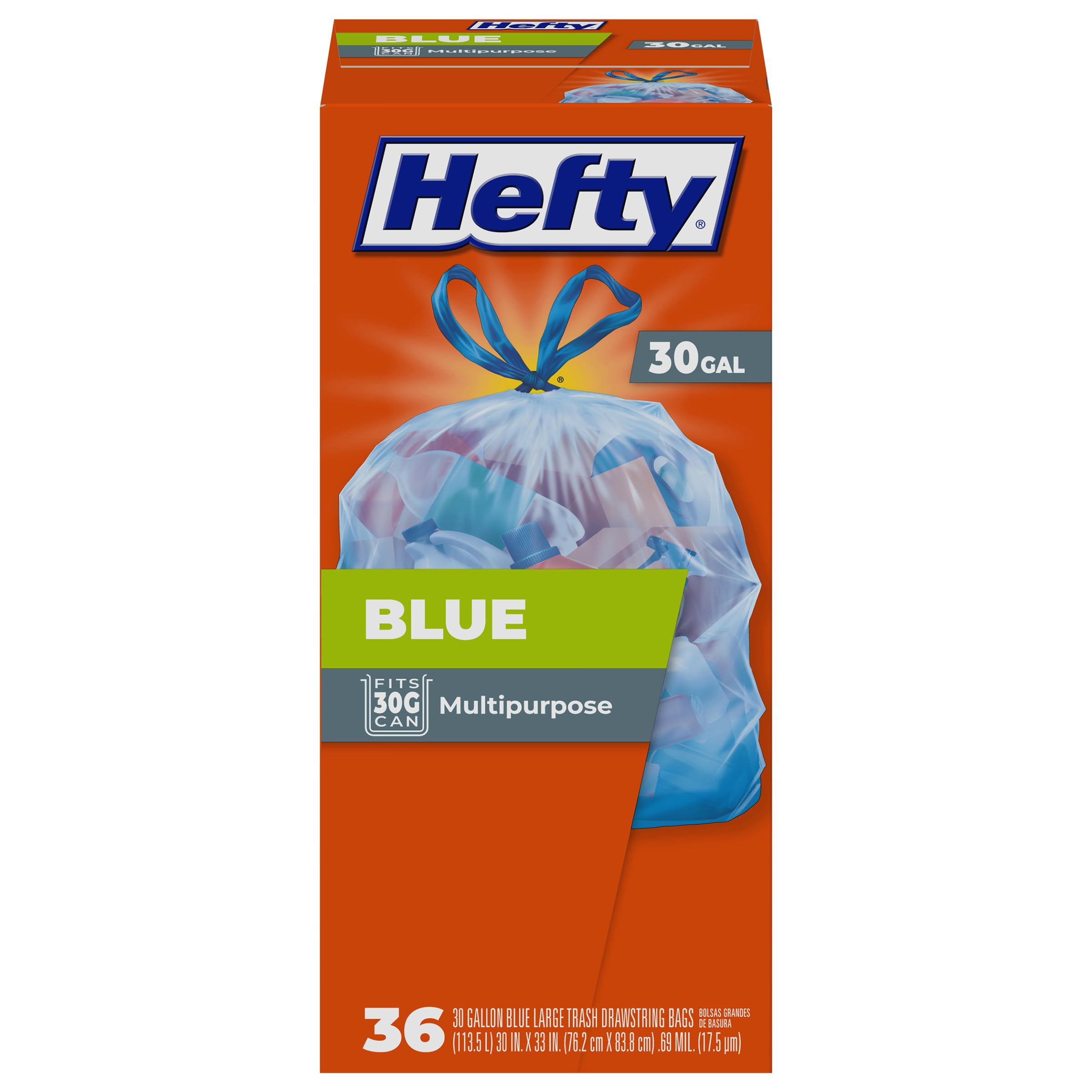 Hefty Blue 30 Gallon Trash Bags - 36 Count | Heavy Duty, Leak Proof | Perfect for Kitchen, Garage & Outdoor Waste Disposal