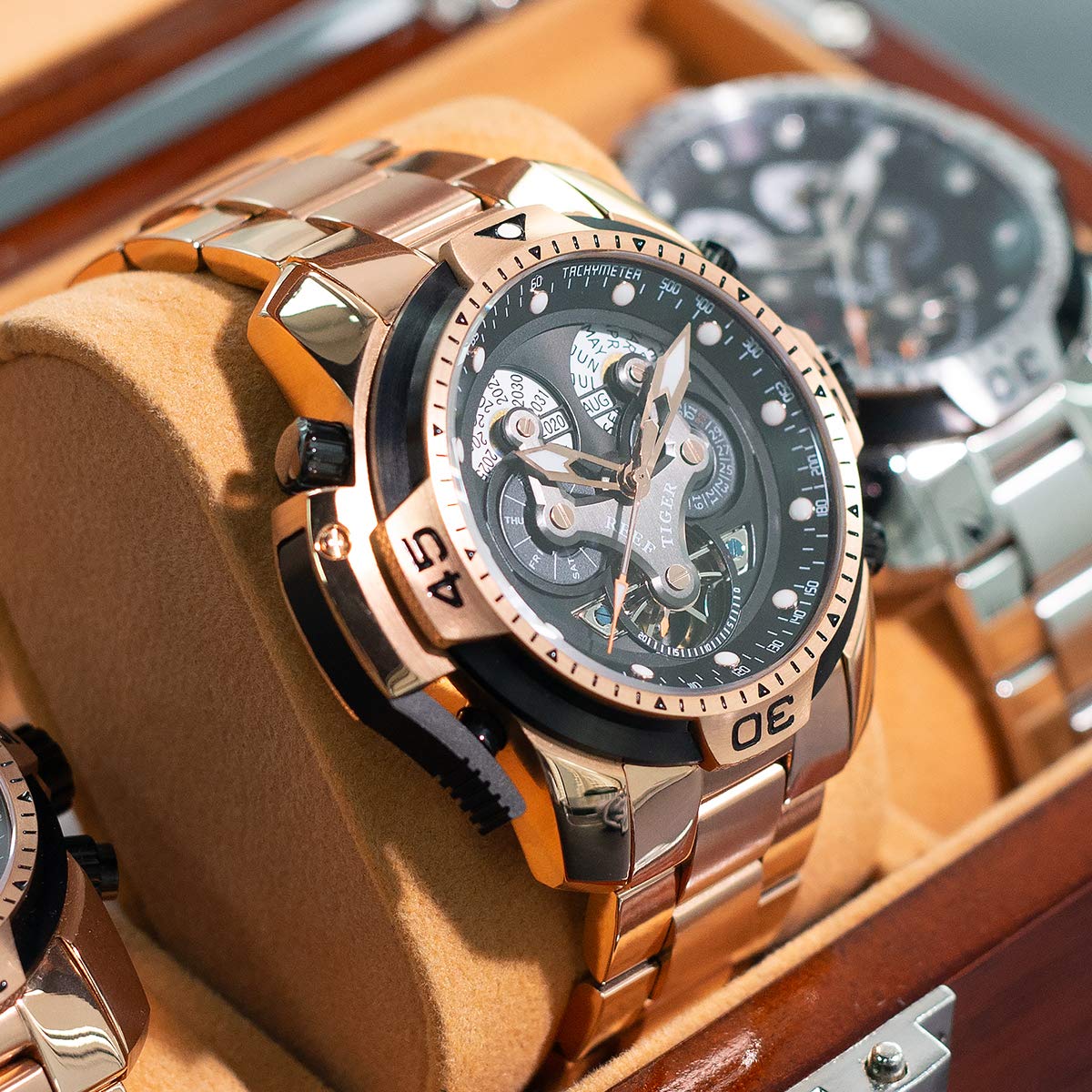 REEF TIGER Luxury Men's Mechanical Watch - Rose Gold Date Day Complicated Bracelet Watch RGA3503 | Perfect for Business, Formal Events & Gift Giving