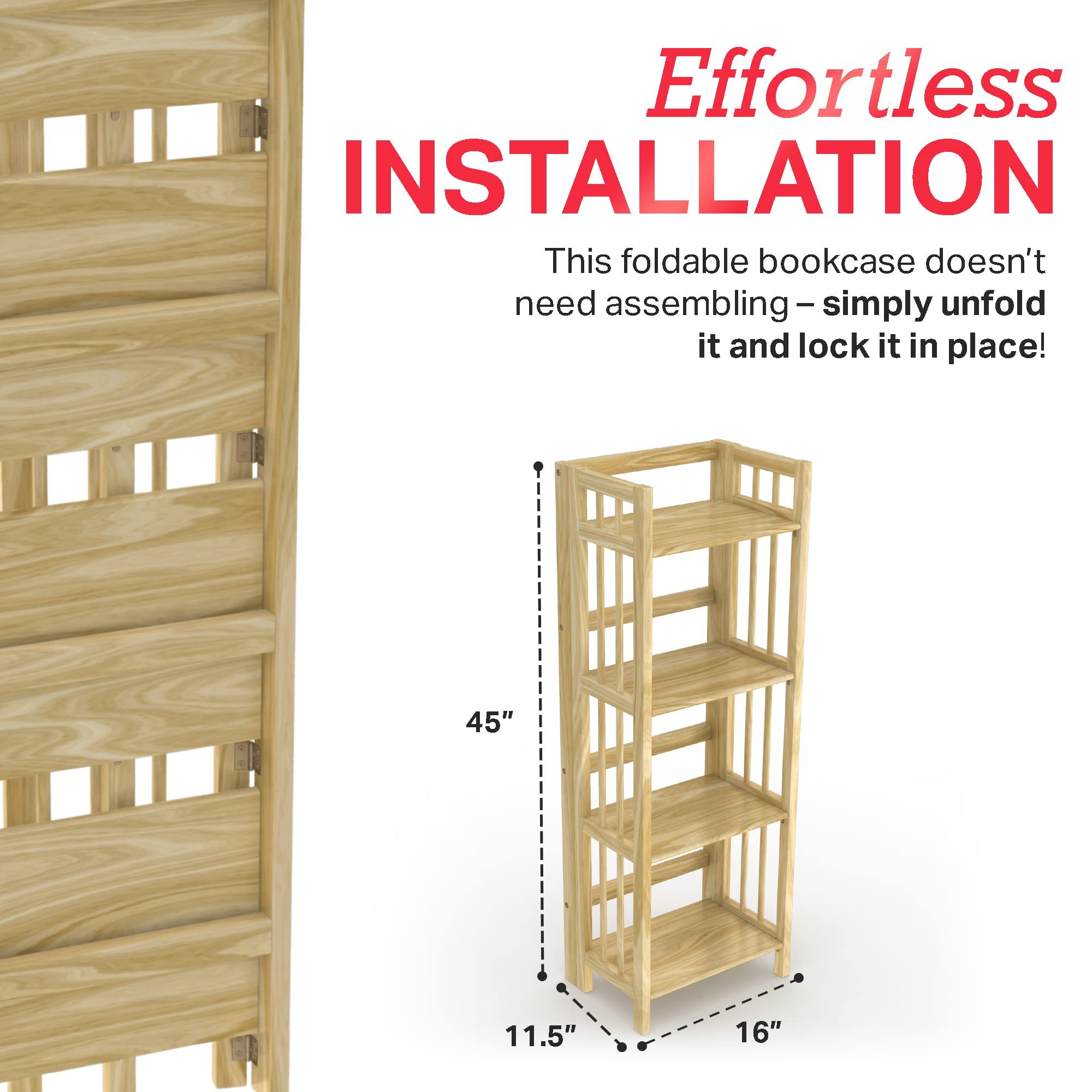 4-Tier Folding Bookshelf - Natural Wood Finish Bookcase 45x16x11.5 Inches - No Assembly Required Foldable Storage Shelf for Books, Decor & Office Supplies - Perfect for Small Spaces, Dorm Rooms & Home Offices