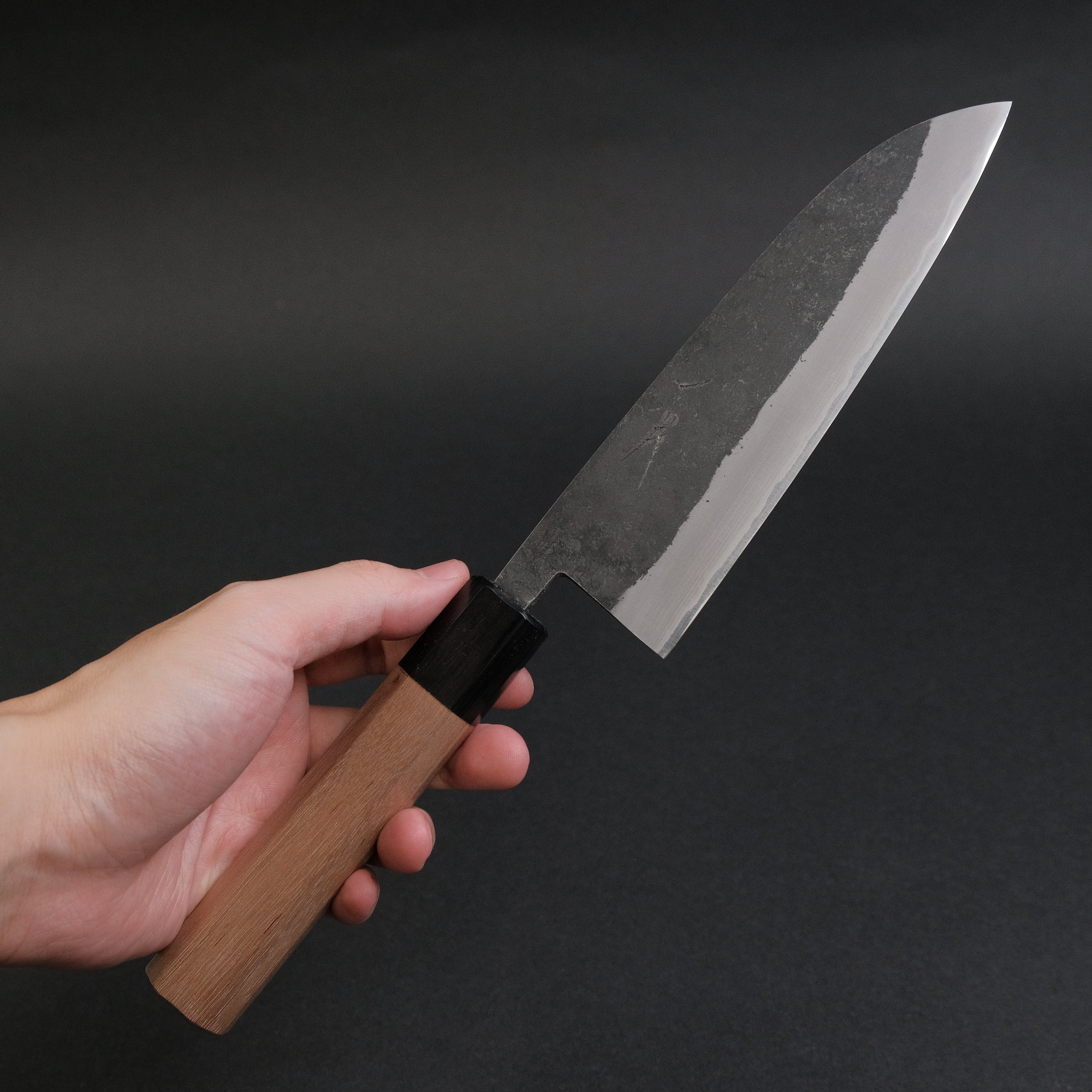 Hitohira Harima Forged Blue #2 Stainless Clad Kurouchi Santoku Knife with Walnut Handle - Japanese Kitchen Knife for Slicing, Dicing & Chopping Vegetables, Meat & Fish