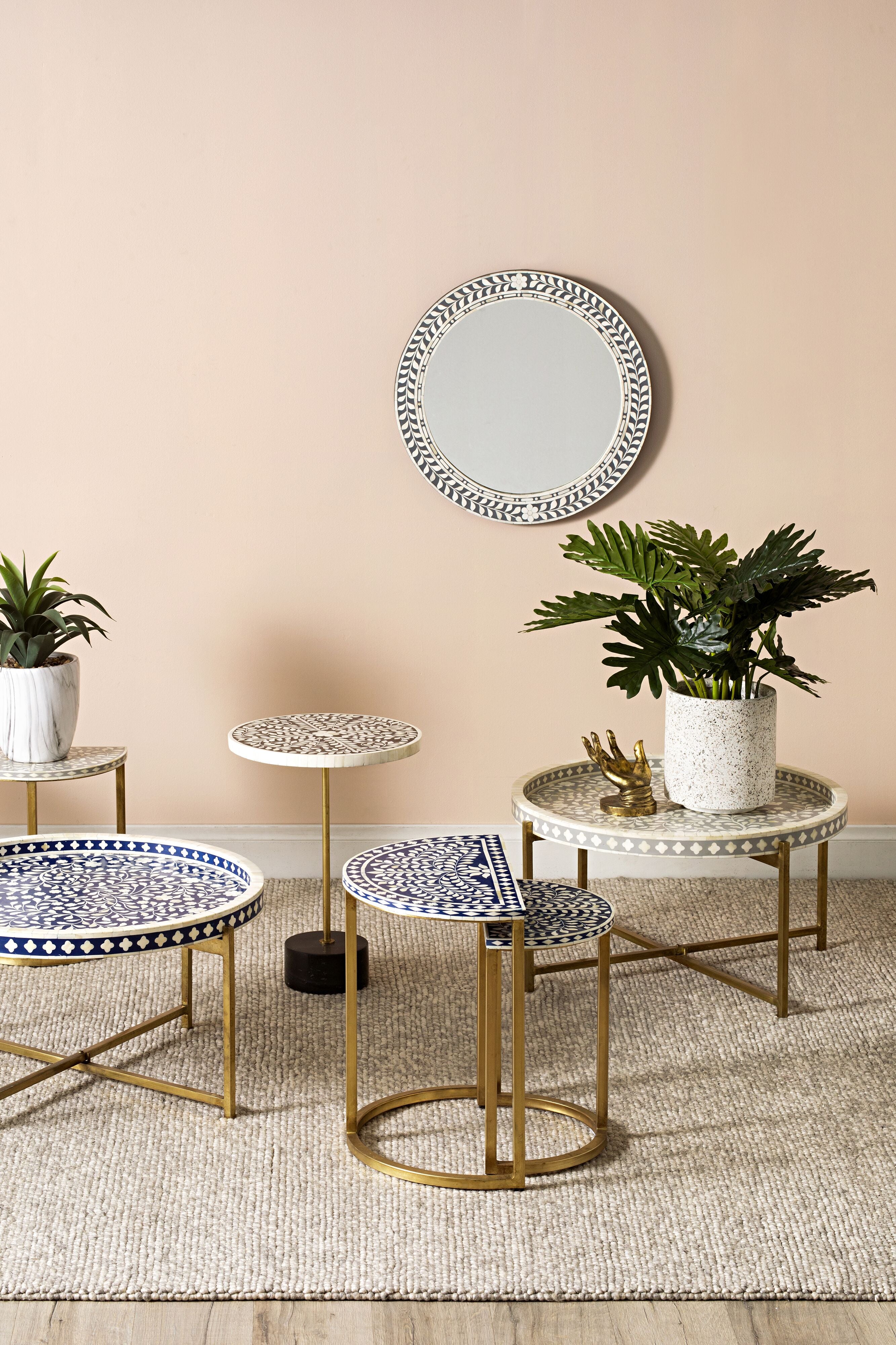 Exquisite Blue and Gold Bone Inlay Round Coffee Table - 41cm Handcrafted Home Decor for Living Room, Lounge & Office