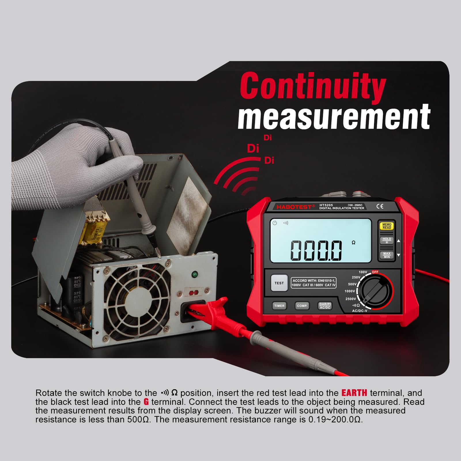 HABOTEST HT5205 Digital Insulation Tester - 0-4KΩ Resistance Range, 200V Voltage Measurement, LCD Backlit Display Megohmmeter Multimeter - Perfect for Electrical Safety Testing, Grounding Systems & Industrial Maintenance