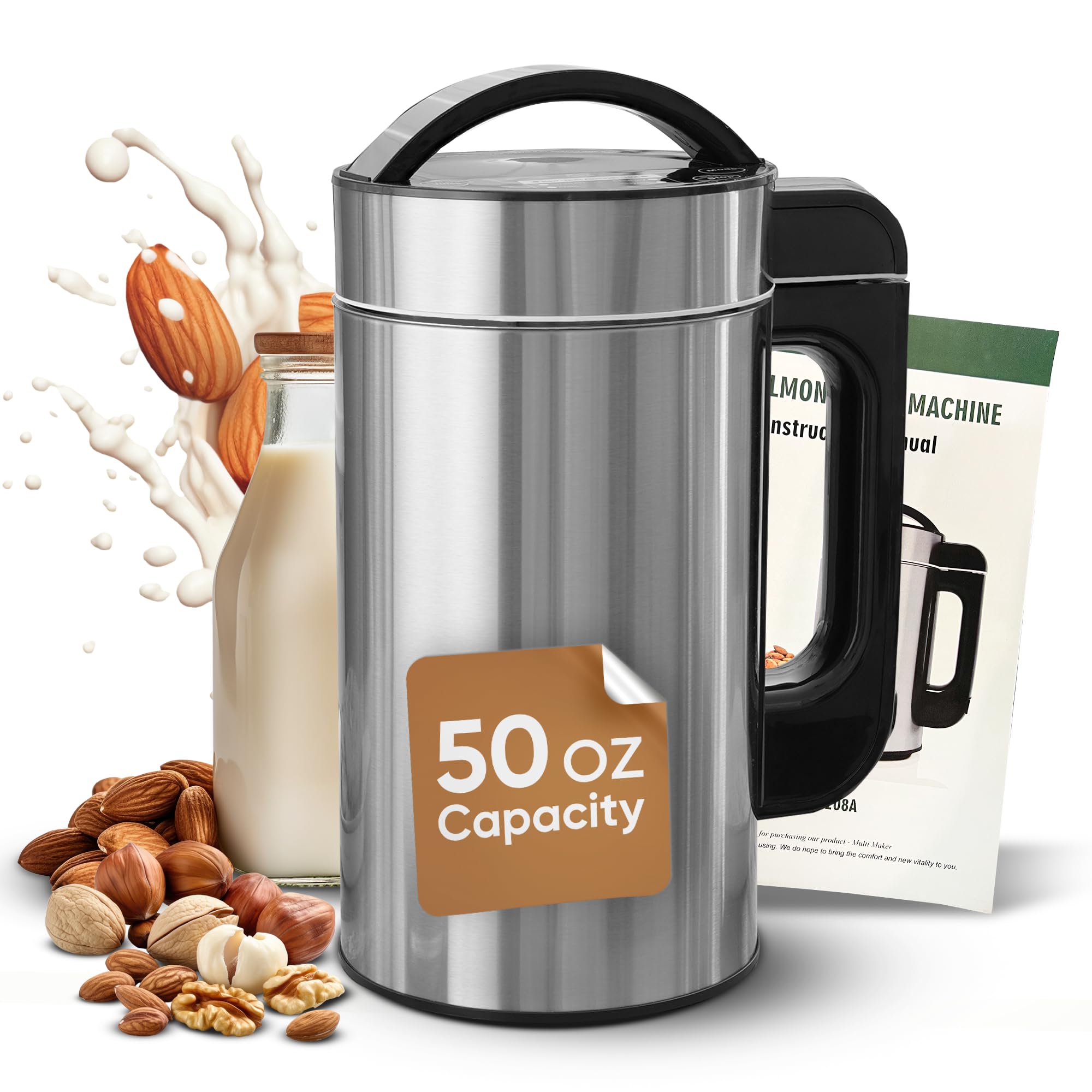 50Oz Automatic Nut Milk Maker - Stainless Steel Almond, Oat & Soy Milk Machine | No Spills, No Straining | Perfect for Vegan, Keto & Dairy-Free Lifestyles | Home Kitchen Essential for Healthy Drinks & Smoothies