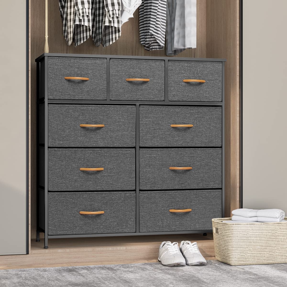 9-Drawer Fabric Dresser - Steel Frame & Wooden Top for Bedroom, Nursery, Office Storage