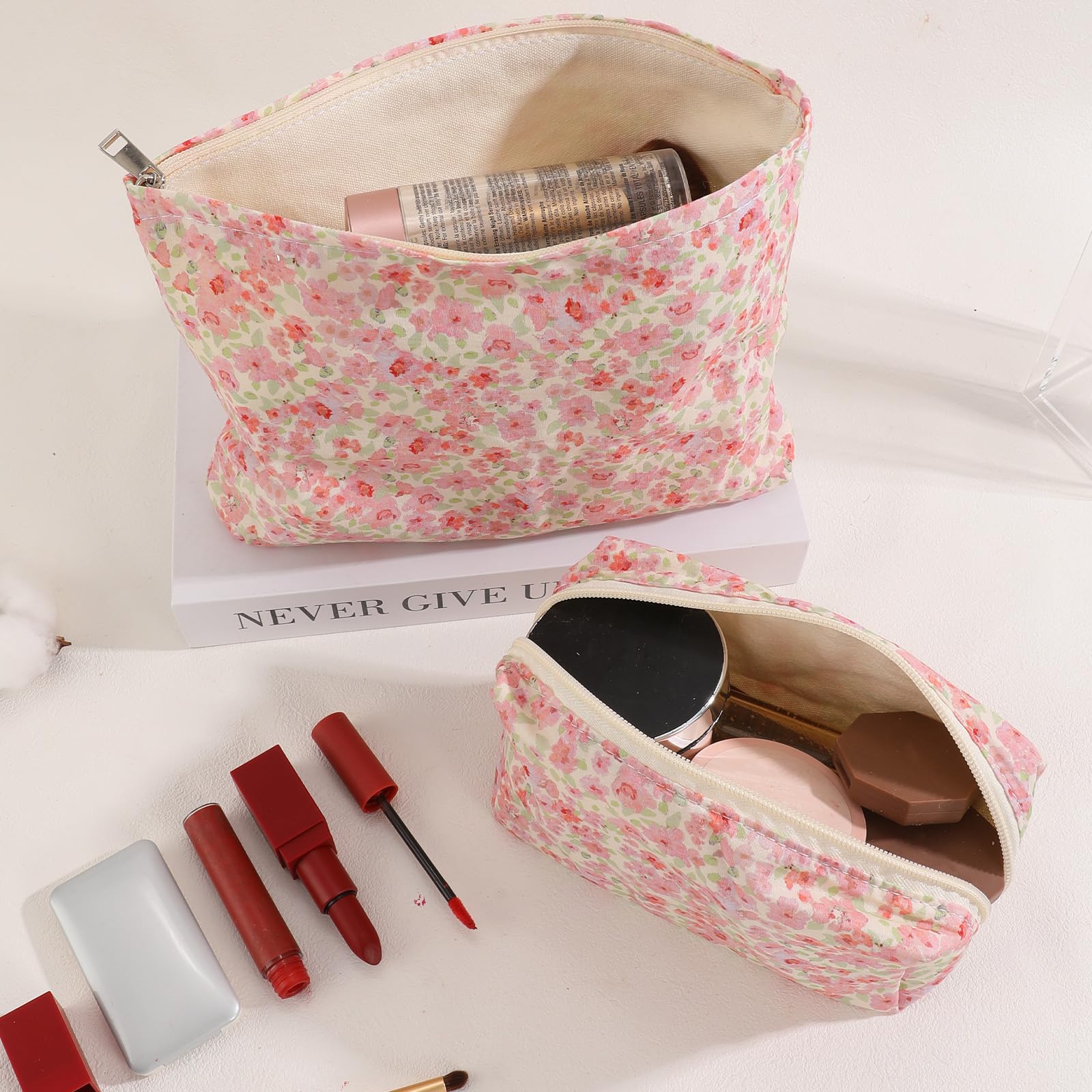 LYDZTION 2PCS Floral Makeup Bags for Women - Small Travel Toiletry Cosmetic Bag Set with Bow Design, Portable Zipper Pouch for Makeup, Jewelry & Essentials (Carnation Pink) - Perfect for Travel, Gym & Daily Organizer