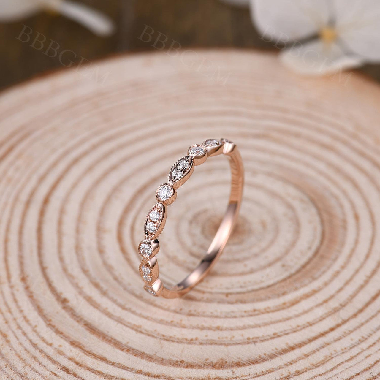 Moissanite Wedding Band for Women - 14K/18K Rose Gold Half Eternity Ring with Marquise Cut Stones | Elegant Bridal Jewelry, Anniversary Gift, Engagement Ring Alternative
