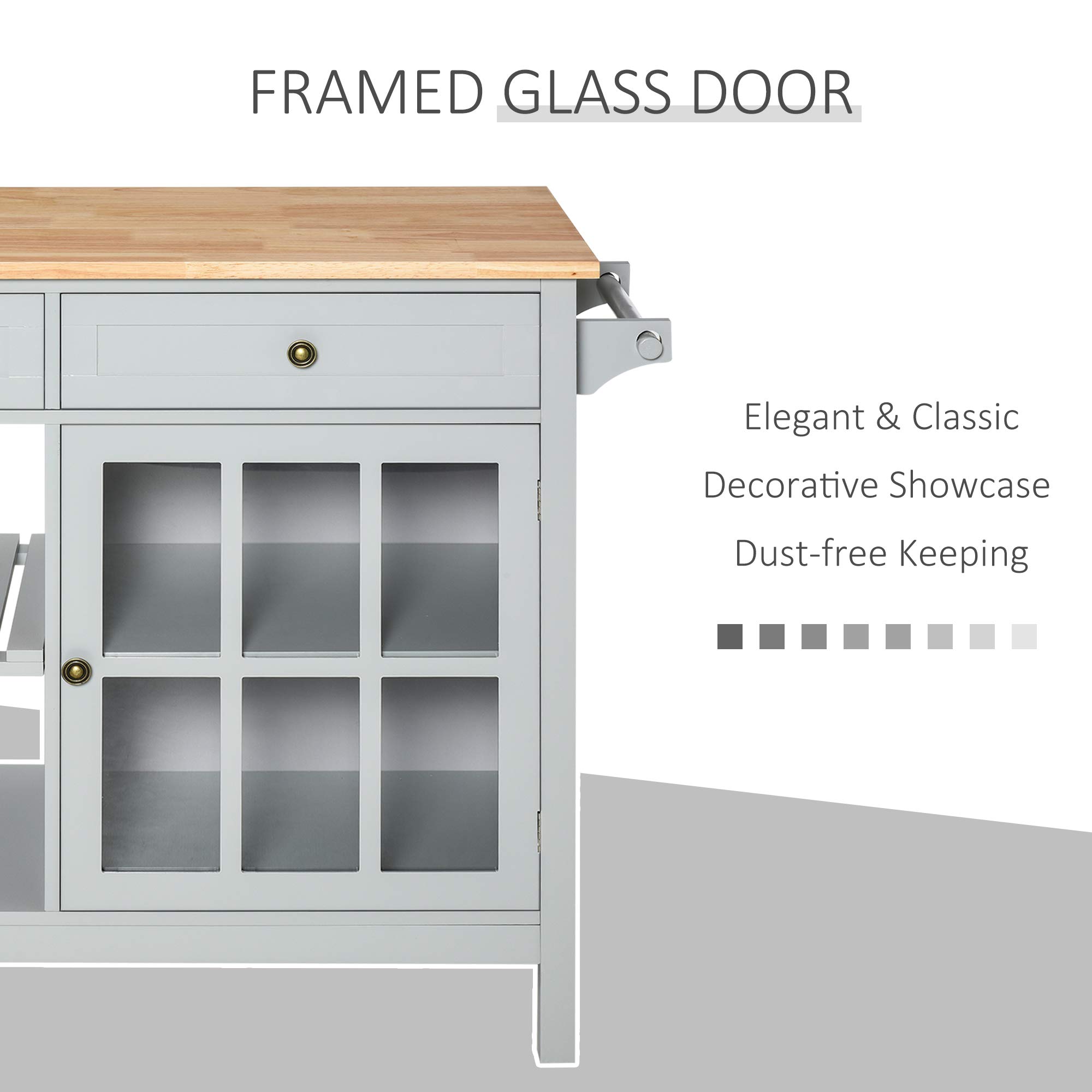 HOMCOM Rolling Kitchen Island with Storage - Solid Wood Top, Glass Door Cabinet, Adjustable Shelf & 2 Drawers - Mobile Kitchen Cart with Towel Rack for Dining Room & Small Spaces - Perfect for Meal Prep, Extra Counter Space & Organized Storage (Gray)