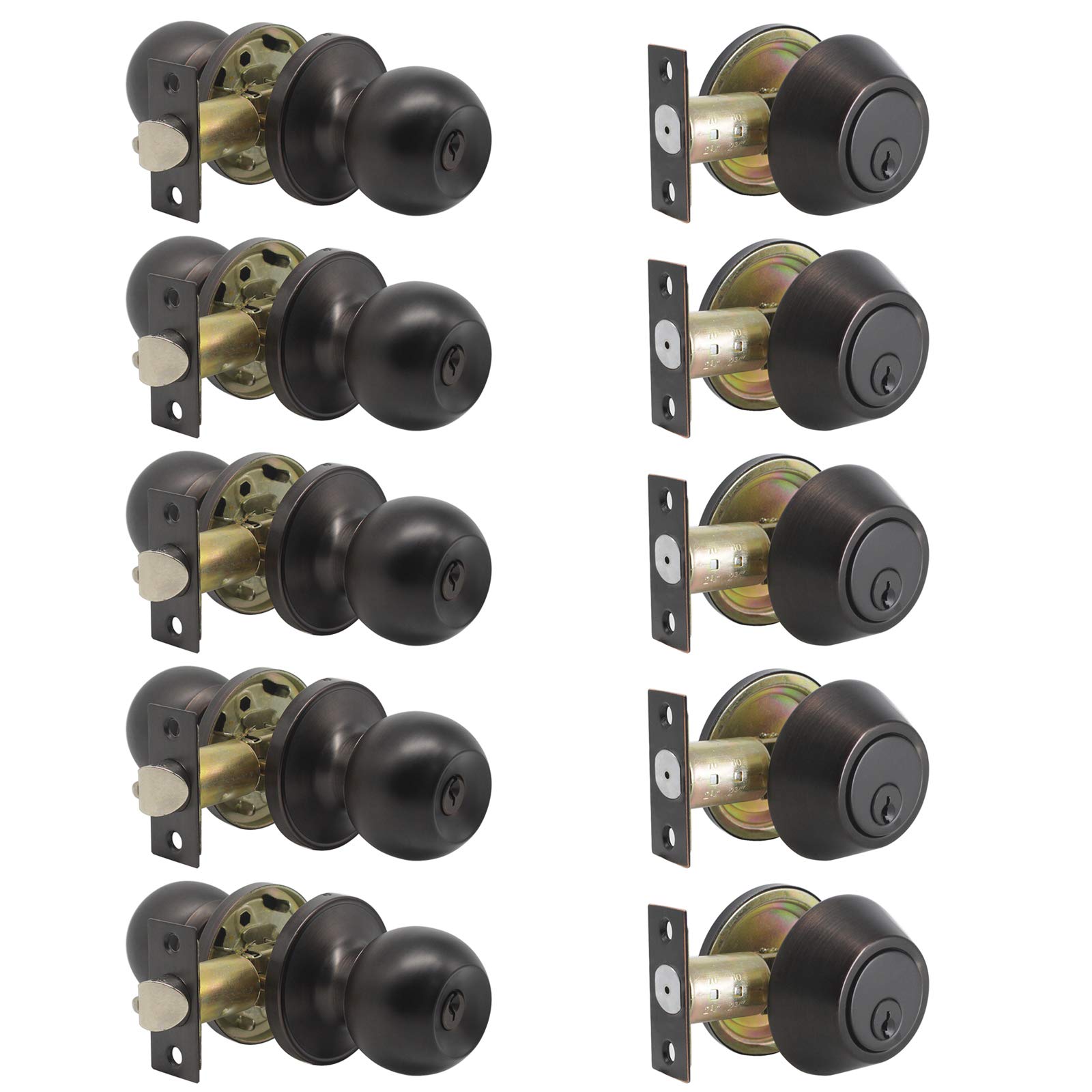Gobrico 5-Pack Oil Rubbed Bronze Keyed Alike Entry Door Knob and Deadbolt Combo Set - Round Locking Handlesets for Front Door, Bedroom, Office & Apartment Security