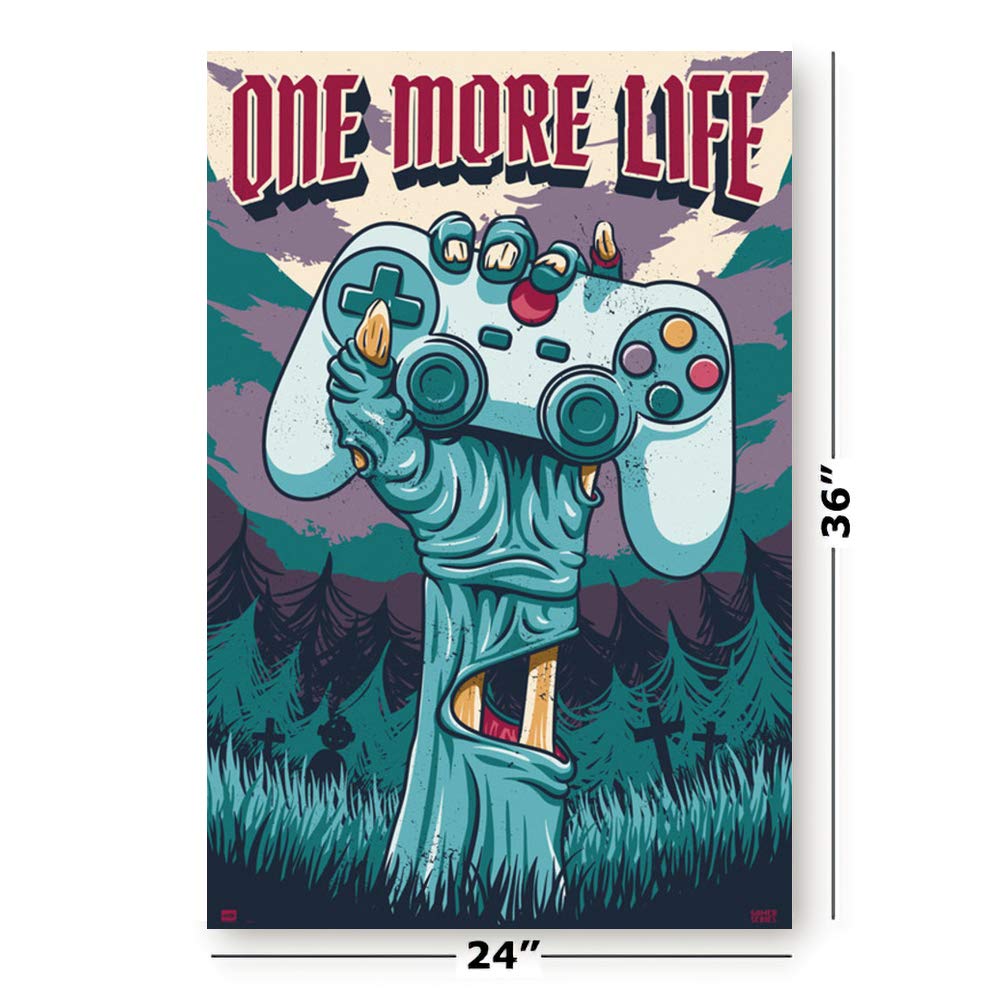 One More Life Gaming Poster - Zombie Gamer Hand Holding Console Controller 24x36 Inch - Premium Poster & Hanging Strip Set for Gamers Room Decor, Man Cave, or Gaming Lounge Wall Art