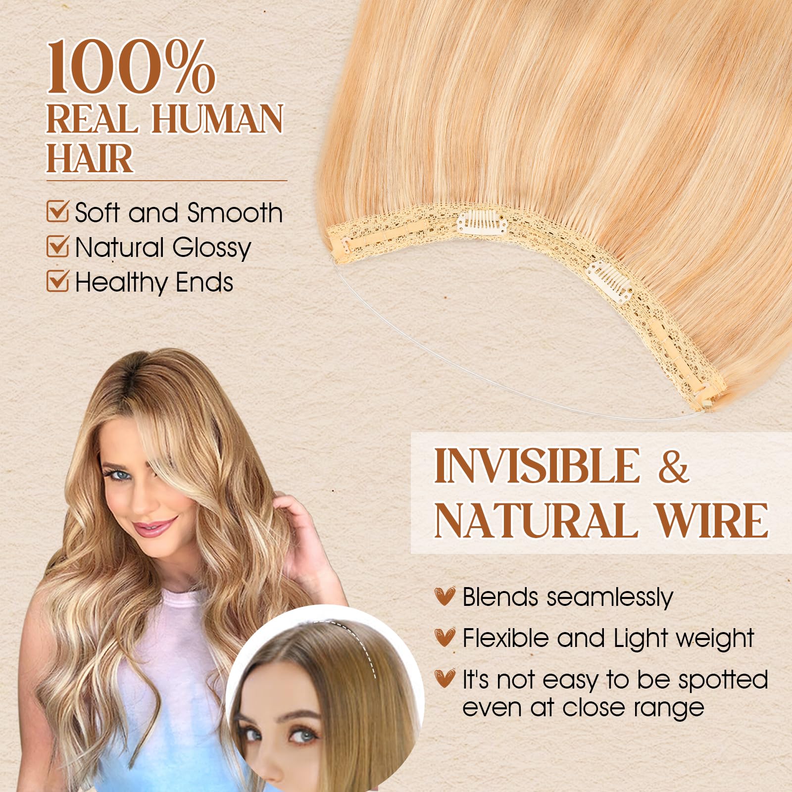 Benehair Halo Hair Extensions 22 Inch - 100% Real Human Hair with Invisible Wire & Fish Line - Ash Blonde Mixed Bleach Blonde (#18&613) 75g - Perfect for Weddings, Parties & Daily Styling