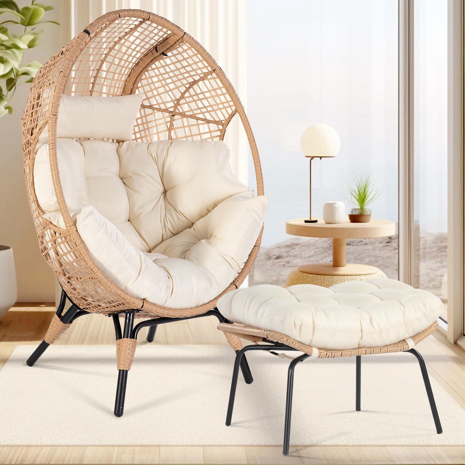 NICESOUL® Oversized Wicker Egg Chair with Thickened Cushions & Ottoman - 400lbs Capacity Indoor/Outdoor Boho Rattan Lounge Chair for Patio, Balcony, Garden, or Living Room - Beige