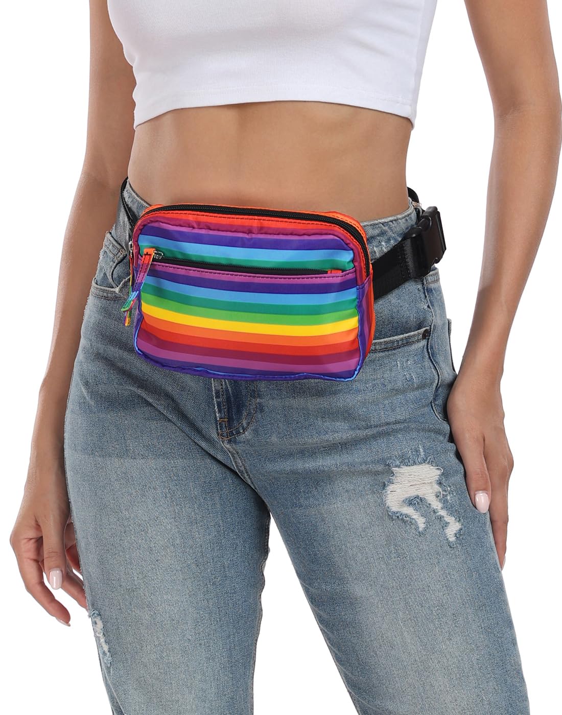 HDE 2L Fanny Pack Cross Body Bag with Adjustable Strap - Rainbow Stripe Waist Pack for Travel, Running, Hiking & Outdoor Activities