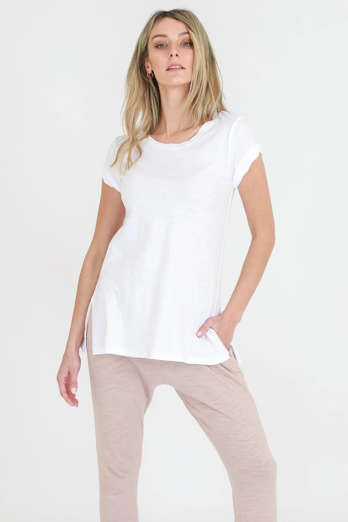Kelly Rolled Sleeve Crew Neck T-Shirt - Soft Cotton Basic Tee for Women (White) | Casual Wear, Layering & Everyday Outfits