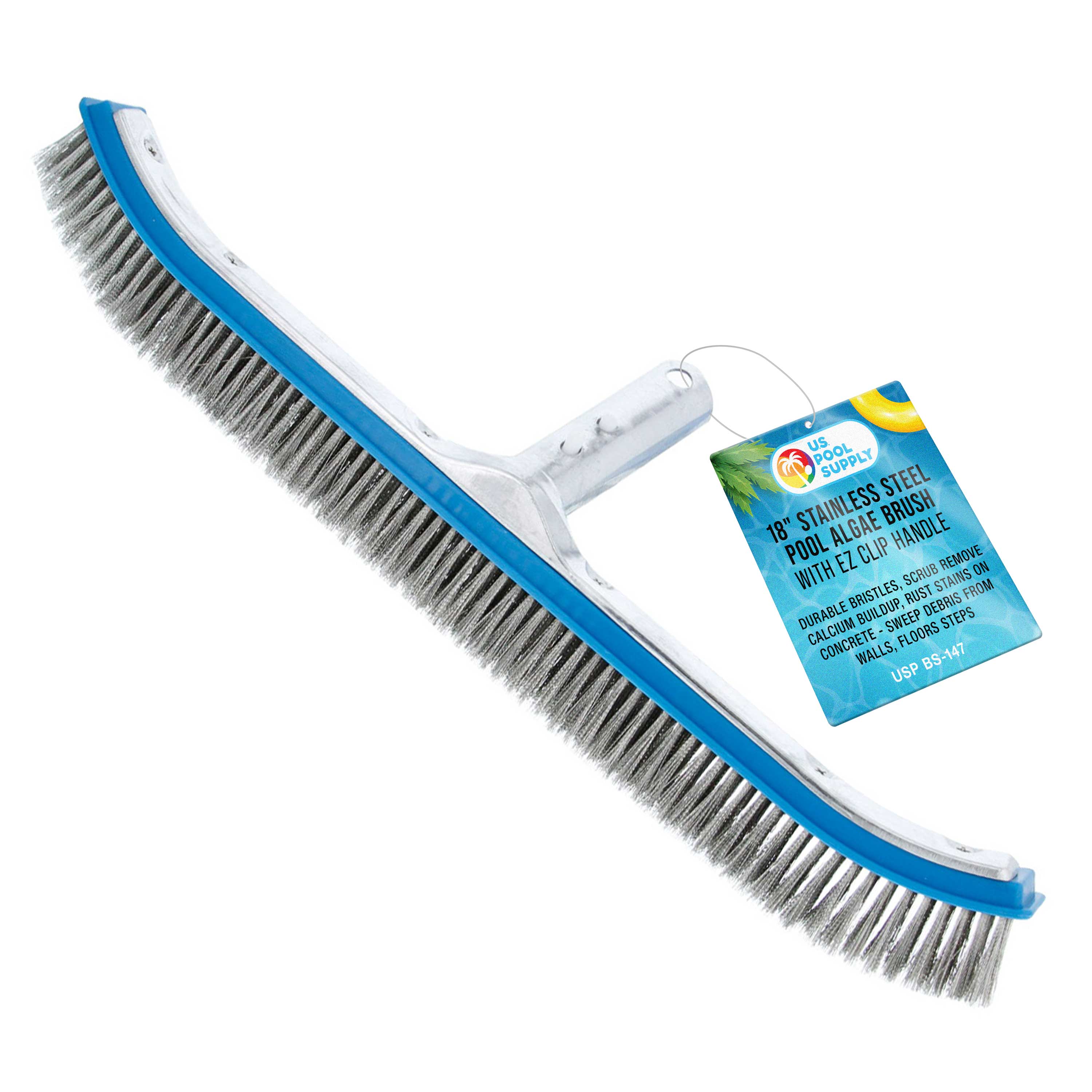 U.S. Pool Supply® Professional 18-Inch Stainless Steel Pool Algae Brush with EZ Clip Handle - Heavy Duty Bristles for Removing Calcium Buildup, Rust Stains & Debris - Perfect for In-Ground & Above Ground Pools Maintenance