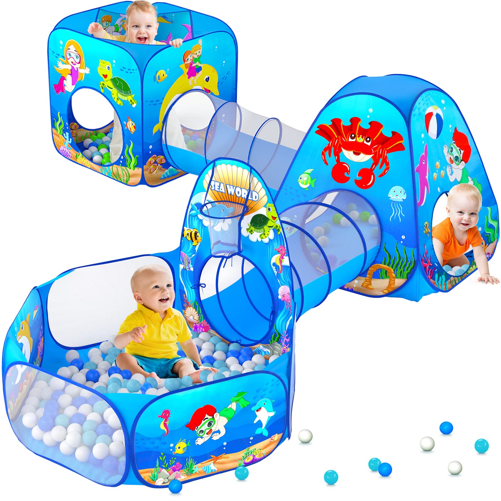 5-Piece Kids Play Tent & Tunnel Set - Premium Ocean-Themed Playhouse with Baby Ball Pit, 2 Play Tunnels & 2 Pop-Up Tents - Indoor/Outdoor Toddler Toys for Backyard, Playroom & Birthday Parties