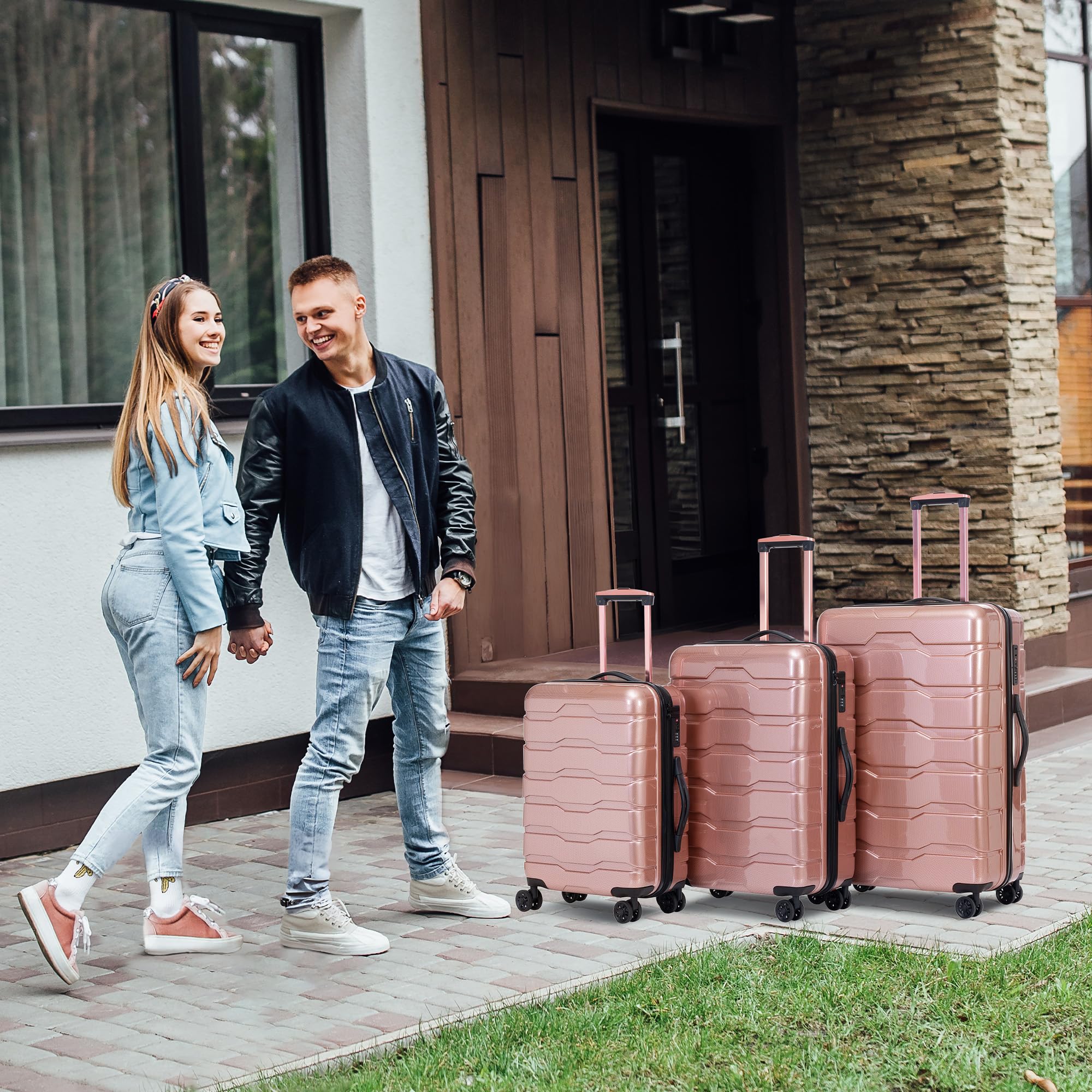 3-Piece Lightweight Hard Shell Luggage Set with Spinner Wheels & TSA Lock - Rose Gold (20/24/28 Inch) - Perfect for Travel, Business Trips & Vacations