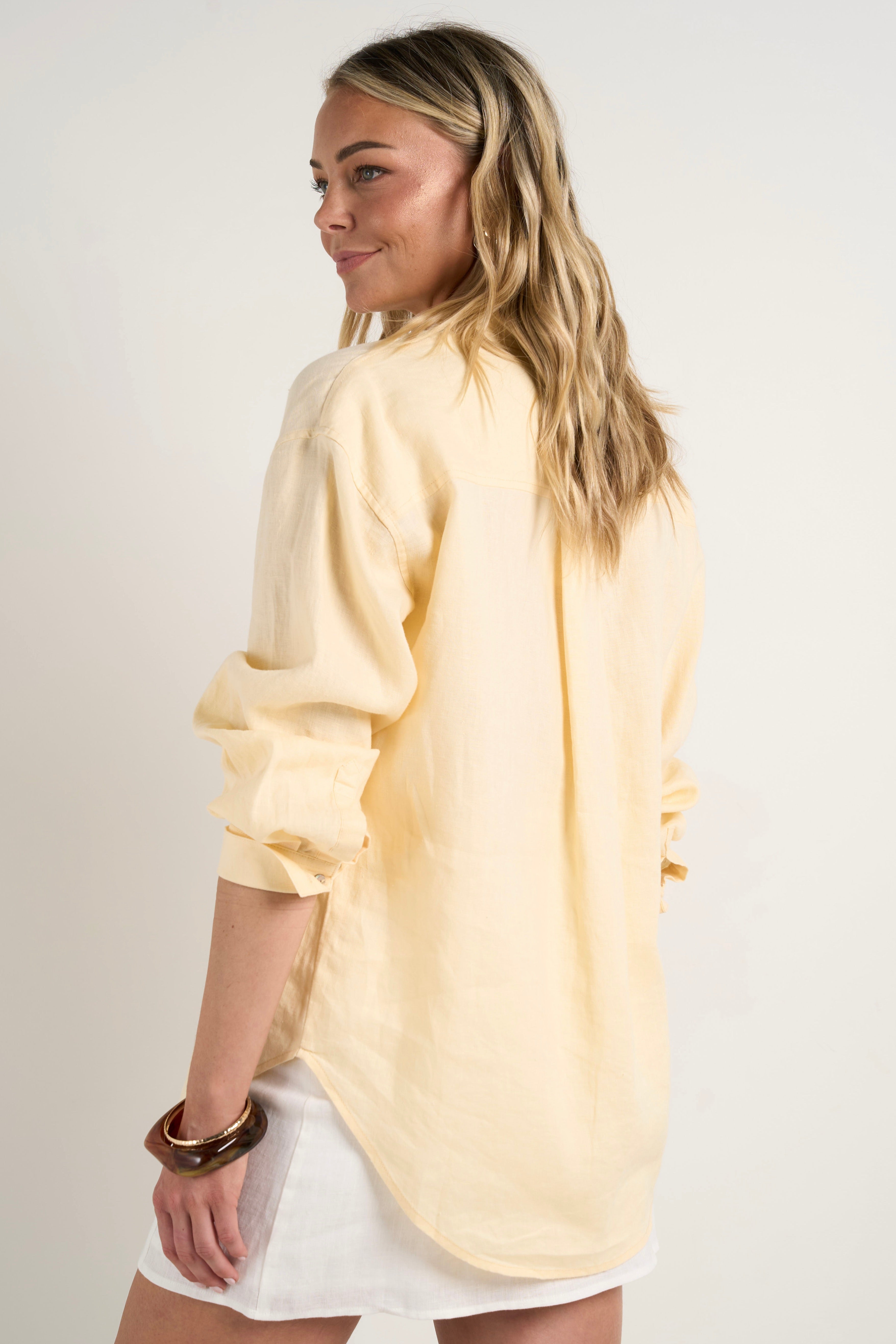 Optimum Lemon Linen Oversized Shirt for Women - Breathable Summer Loose Fit Button Down Top for Casual Wear, Beach Cover-Up & Boho Outfits