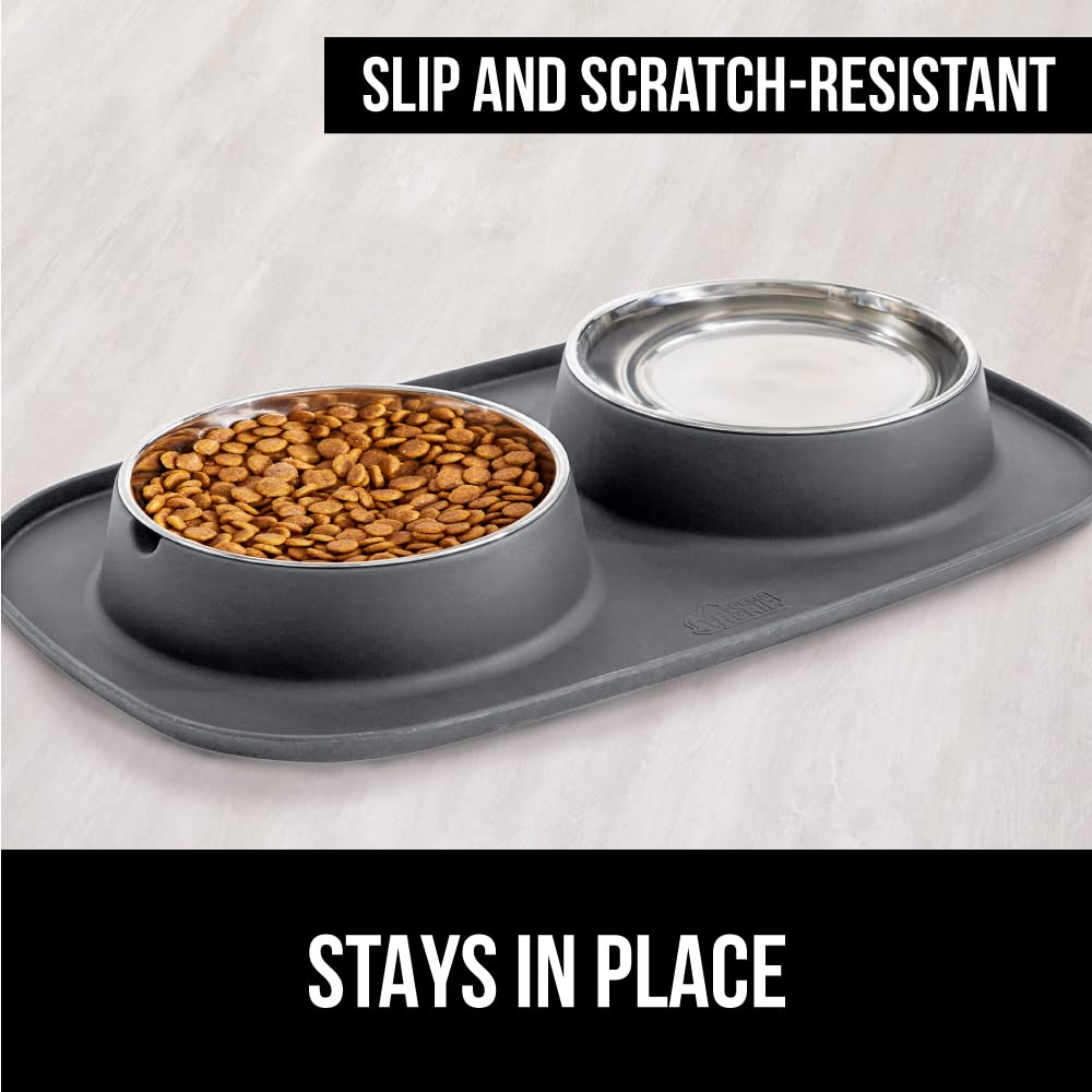 Gorilla Grip Non-Slip Cat Mat & Silicone Pet Feeding Mat with Bowls Set - 24x17 Inch Cat Mat & 1 Cup Capacity Food Mat - Gray 2-Piece Bundle for Kittens & Dogs - Perfect for Messy Eaters & Water Bowl Areas