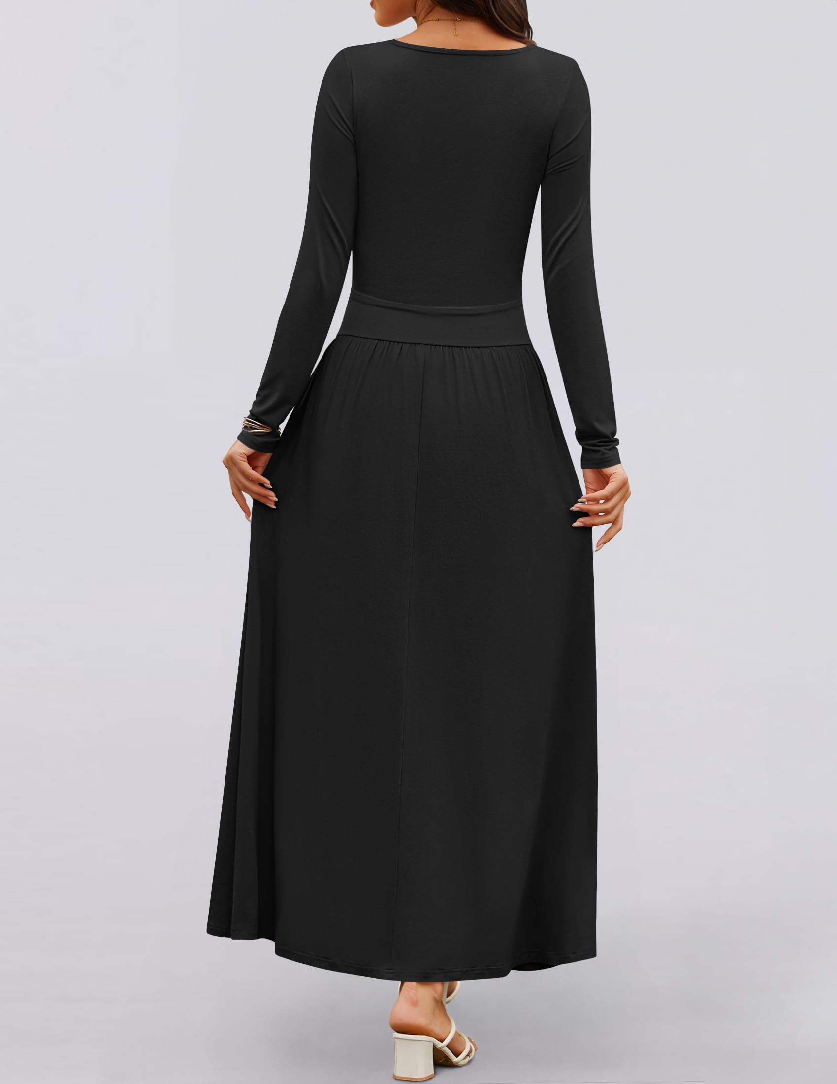 ZESICA Women's Long Sleeve Maxi Dress 2025 - Crewneck Knit Casual Swing Dress with Pockets & Pleated Details | Spring Summer Slim Fit Midi Dress for Beach, Party & Everyday Wear