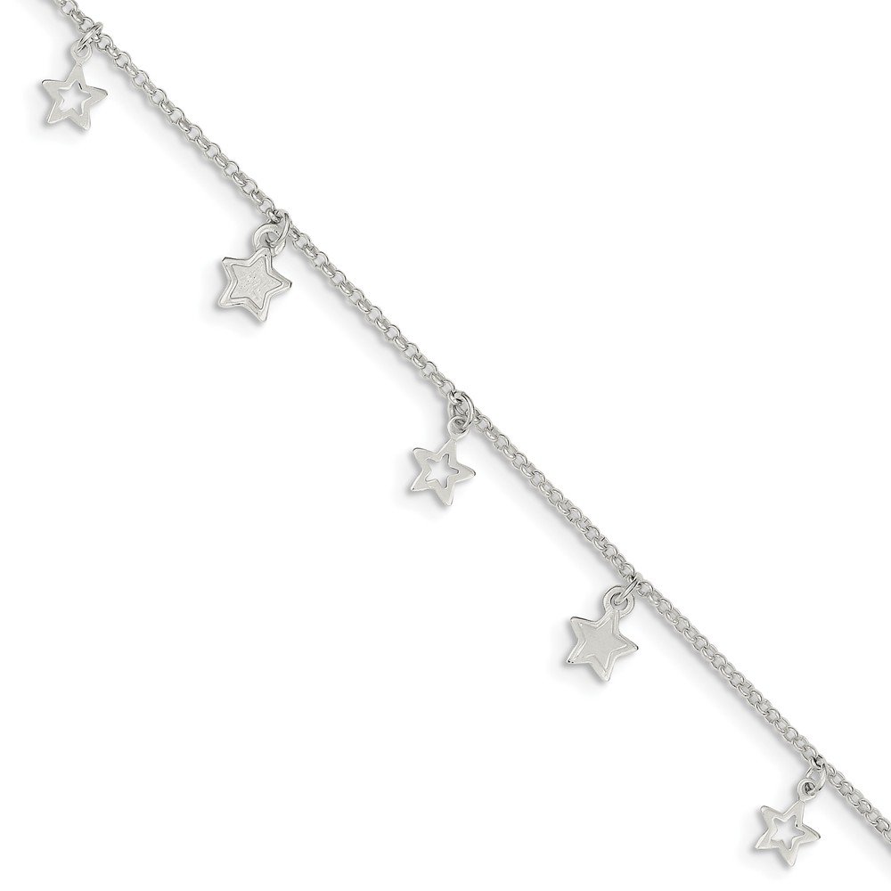925 Sterling Silver Polished & Textured Star Anklet with 1 Inch Extension Chain - Adjustable Ankle Bracelet for Women, Perfect for Beach, Summer Outfits and Boho Fashion