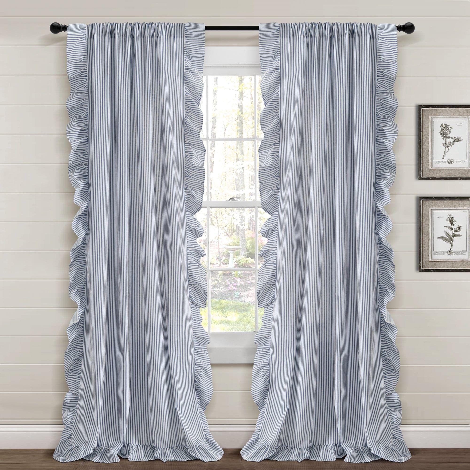 Farmhouse Stripe Reyna Ruffle Window Curtain Panel Set - Blackout Curtains for Living Room, Bedroom - Elegant Ruffled Sheer Drapes with Rod Pocket - Home Decor for Farmhouse, Cottage & Boho Style