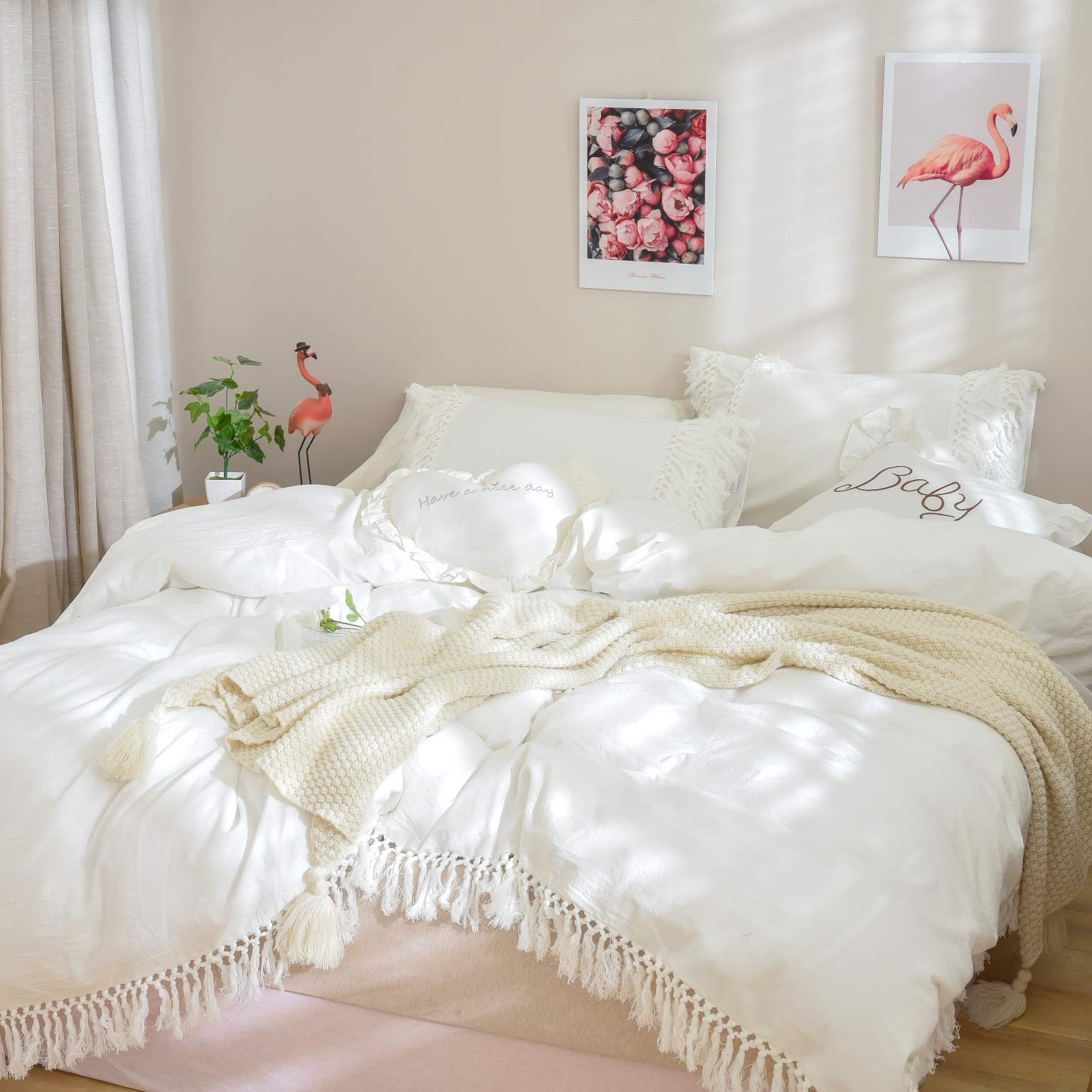 Softta Vintage White Tassel Bohemian 3-Piece Duvet Cover Set - Twin Size (1 Duvet Cover + 2 Pillowcases) 100% Washed Cotton Luxury Bedding for Master Bedroom, Guest Room & Bohemian Style Decor