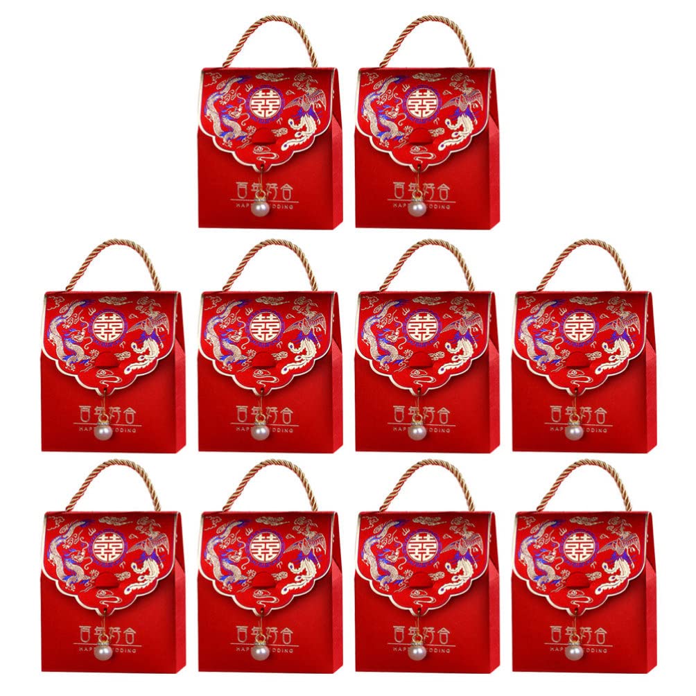 Amosfun 10Pcs Chinese Red Wedding Candy Boxes - Traditional Bridal Party Favor Gift Boxes for Wedding, Engagement & Anniversary Celebrations