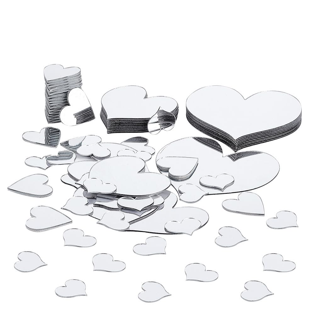 100pcs Heart Shaped Adhesive Mirror Tiles - 4 Sizes Small Craft Mirrors for DIY Mosaic Art, Wedding Decor, Christmas Tree Ornaments, Vase Embellishment & Wall Decoration | Perfect for Home Crafts, Gift Wrapping and Party Decorations