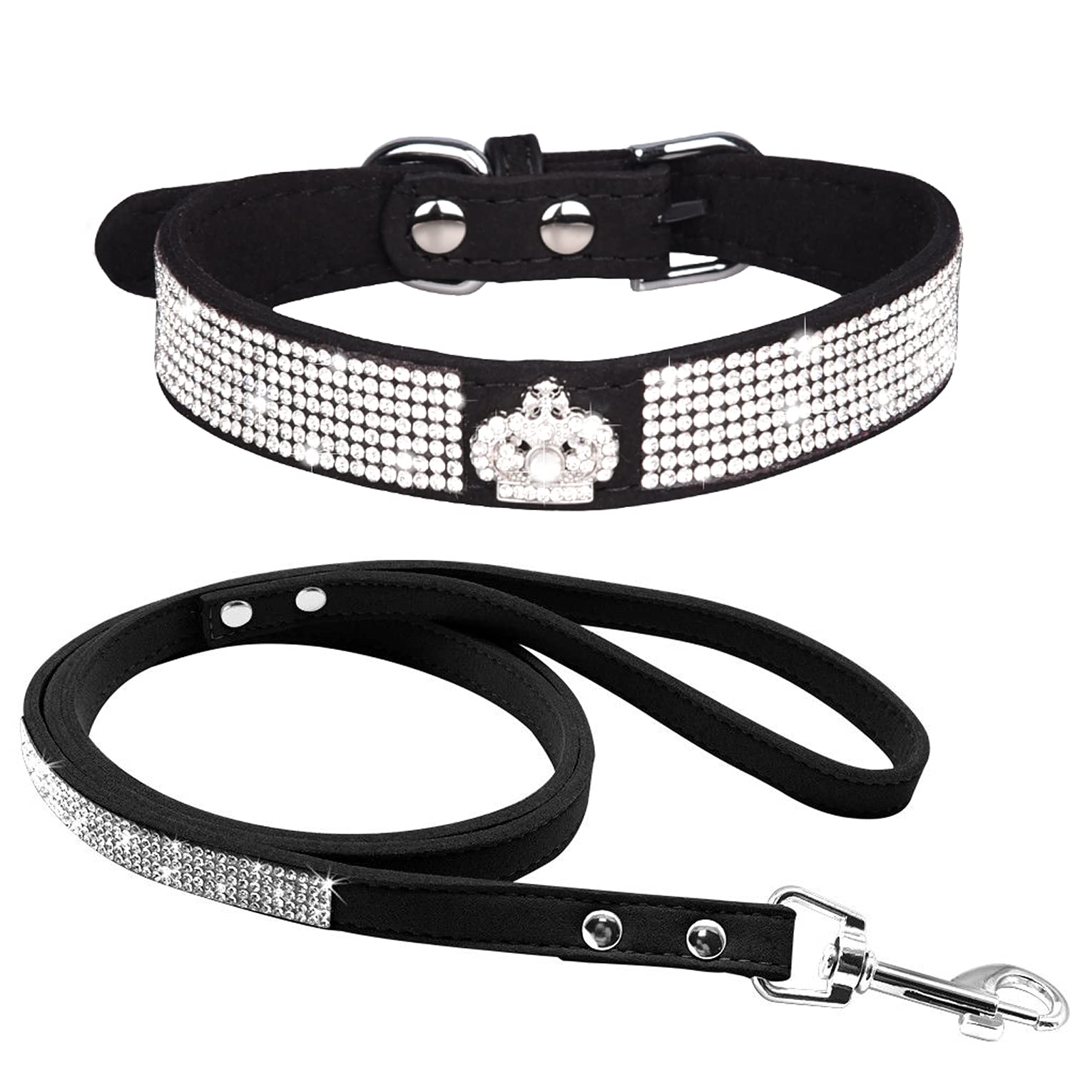 Sparkling Rhinestone Dog Collar & Leash Set - Soft Suede Leather with Crystal Jeweled Design for Small Dogs & Puppies (15