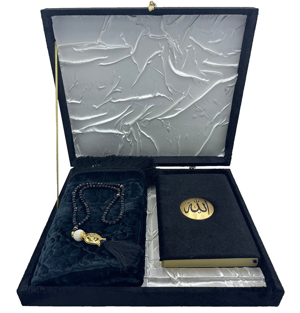 Premium Islamic Gift Set - Velvet Box with Holy Quran & Luxurious Prayer Mat - Perfect for Ramadan, Eid, Hajj & Muslim Home Decor - Black