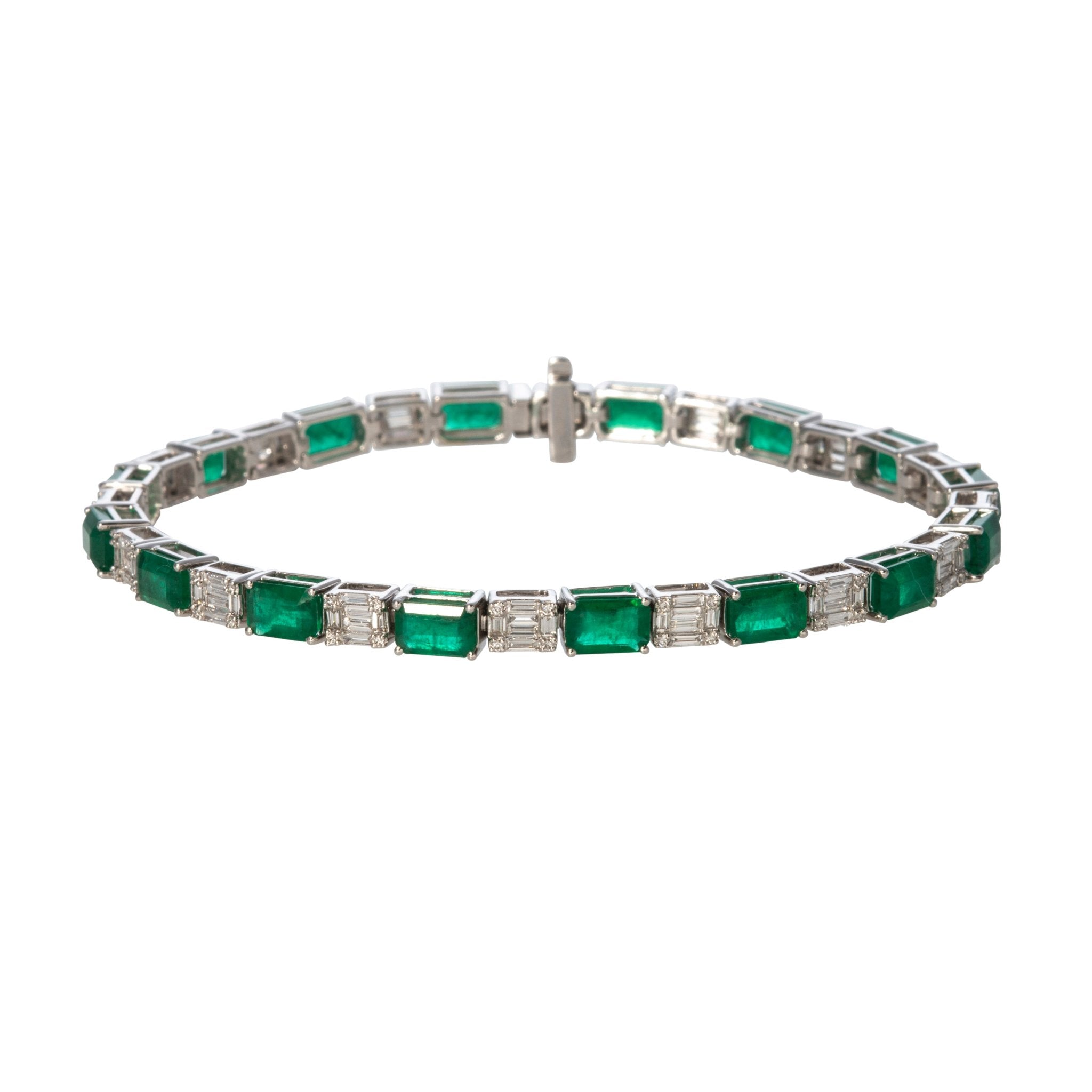 9.8 Carat Emerald Cut Emerald & 1.55 Carat Illusion Diamond 18K Gold Tennis Bracelet - Elegant Jewelry for Weddings, Anniversaries & Special Occasions