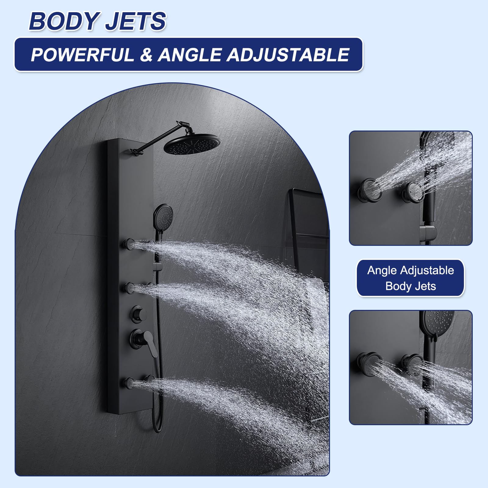 ROVATE Matte Black Shower Panel Tower System with Adjustable Rainfall Shower Head - 6 Body Massage Jets & 5-Function Handheld Shower - Stainless Steel Wall Mounted Shower Column for Spa-Like Bathroom Experience