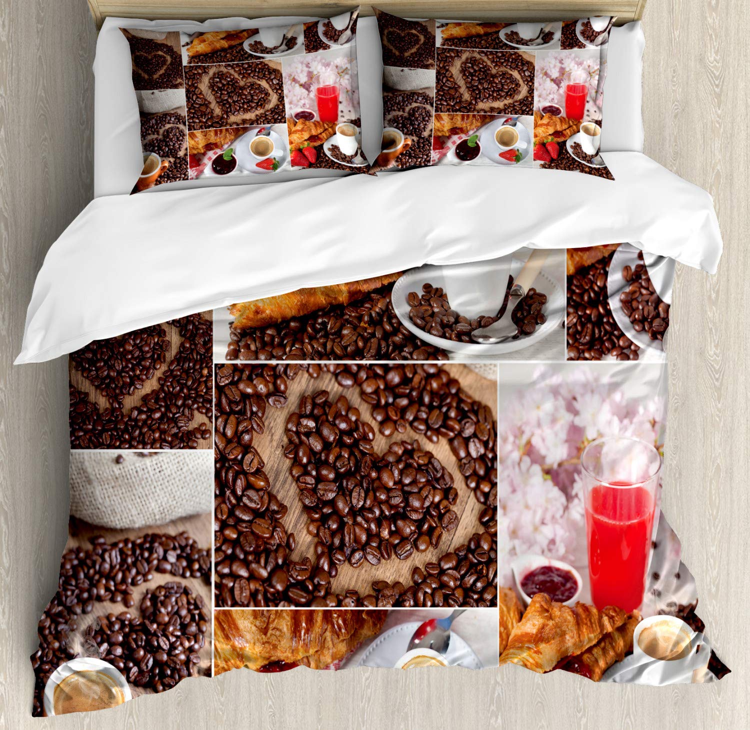 Ambesonne Coffee Themed Duvet Cover Set - King Size 3-Piece Bedding with 2 Pillow Shams | Breakfast Collage Design Featuring Croissants, Coffee Beans & Strawberries | Multicolor Decorative Bedroom Set for Coffee Lovers & Home Decor