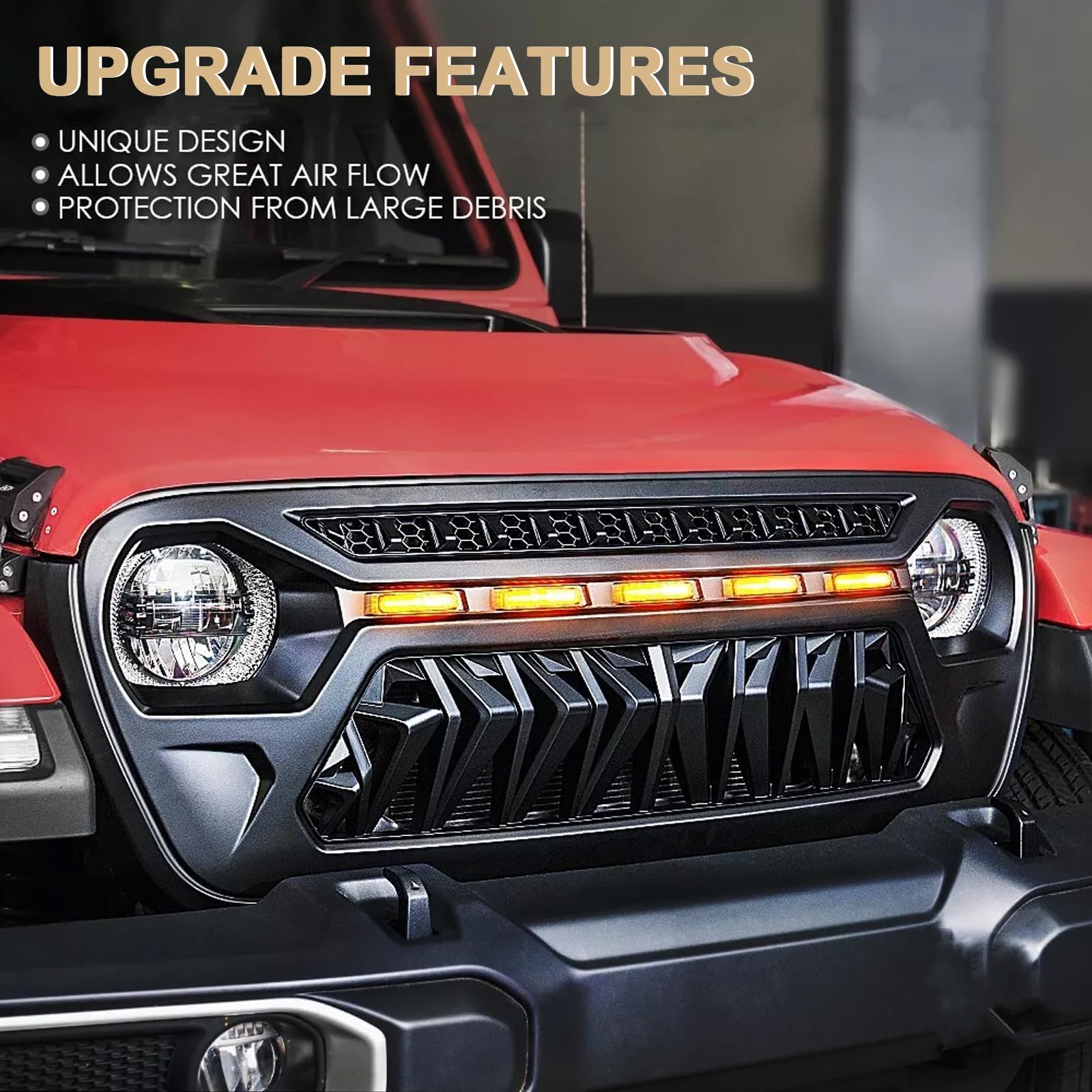 Shark Front Grill Mesh Grille Cover Matte Black for Jeep Wrangler JK JKU Unlimited Rubicon Sahara Sport (2007-2018) with Amber LED Running Lights & Mesh Inserts | Off-Road Protection & Stylish Upgrade