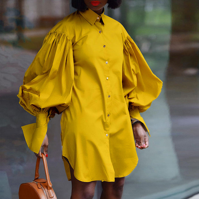 Stylish Solid Color Shirt Dress with Puffed Sleeves for Women | Casual & Office Wear | Perfect for Work, Dates & Everyday Outfits