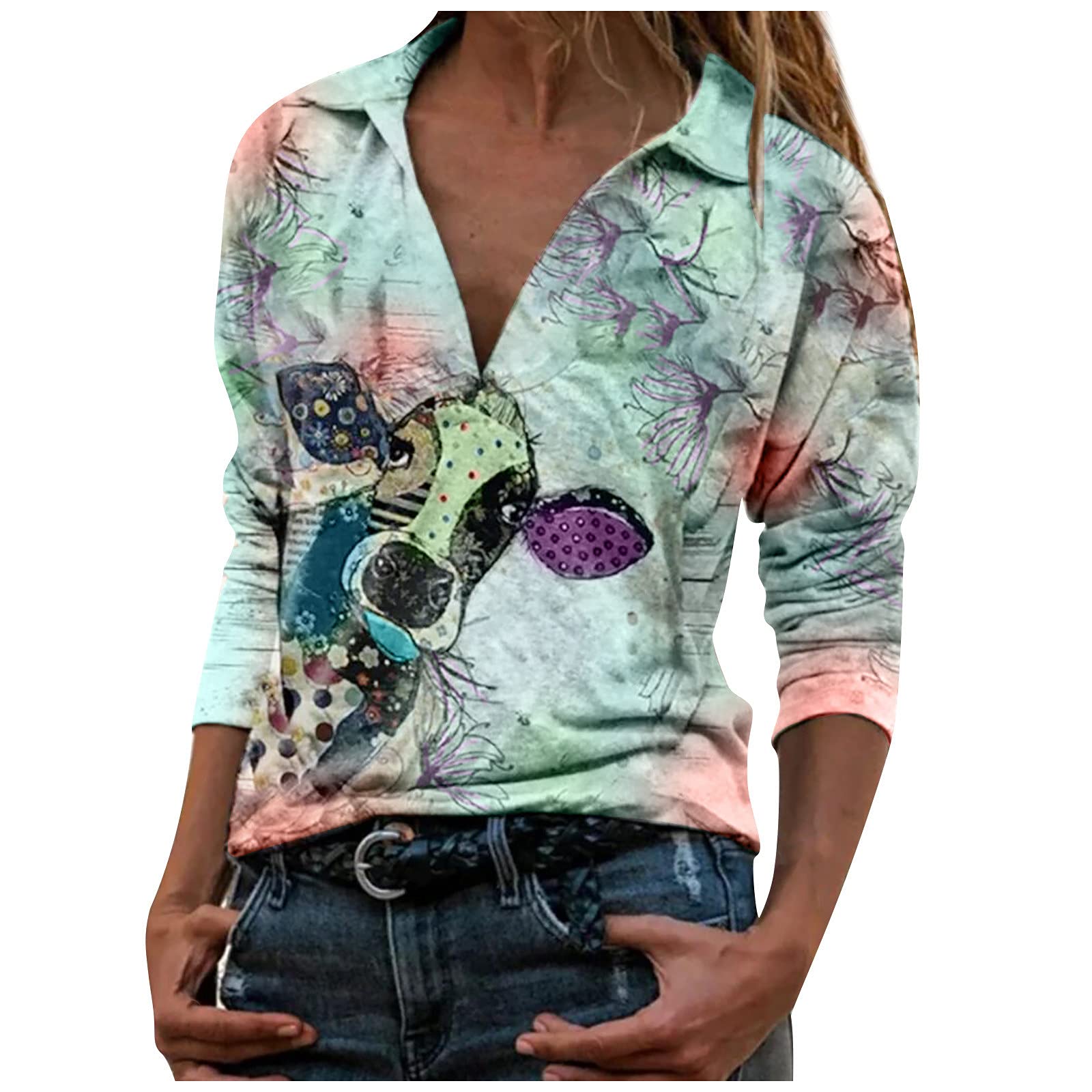 Elegant Women's Blouse - Retro Print V-Neck Long Sleeve Loose T-Shirt for Casual Wear | Perfect for Office, Dating & Everyday Outfits