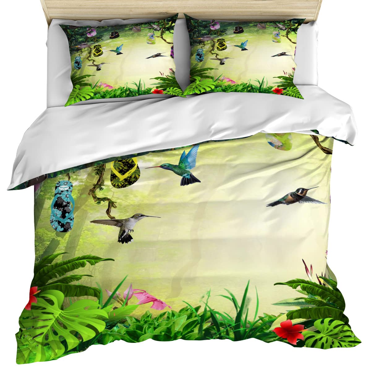 3 Piece Full Size Duvet Cover Set - Tropical Forest Tree & Flip Flop Design, Soft Microfiber Bedding with 1 Comforter Cover & 2 Pillowcases (Birds, Flowers, Plants Vine Pattern) | Perfect for Beach House, Vacation Home, or Tropical Themed Bedroom Decor