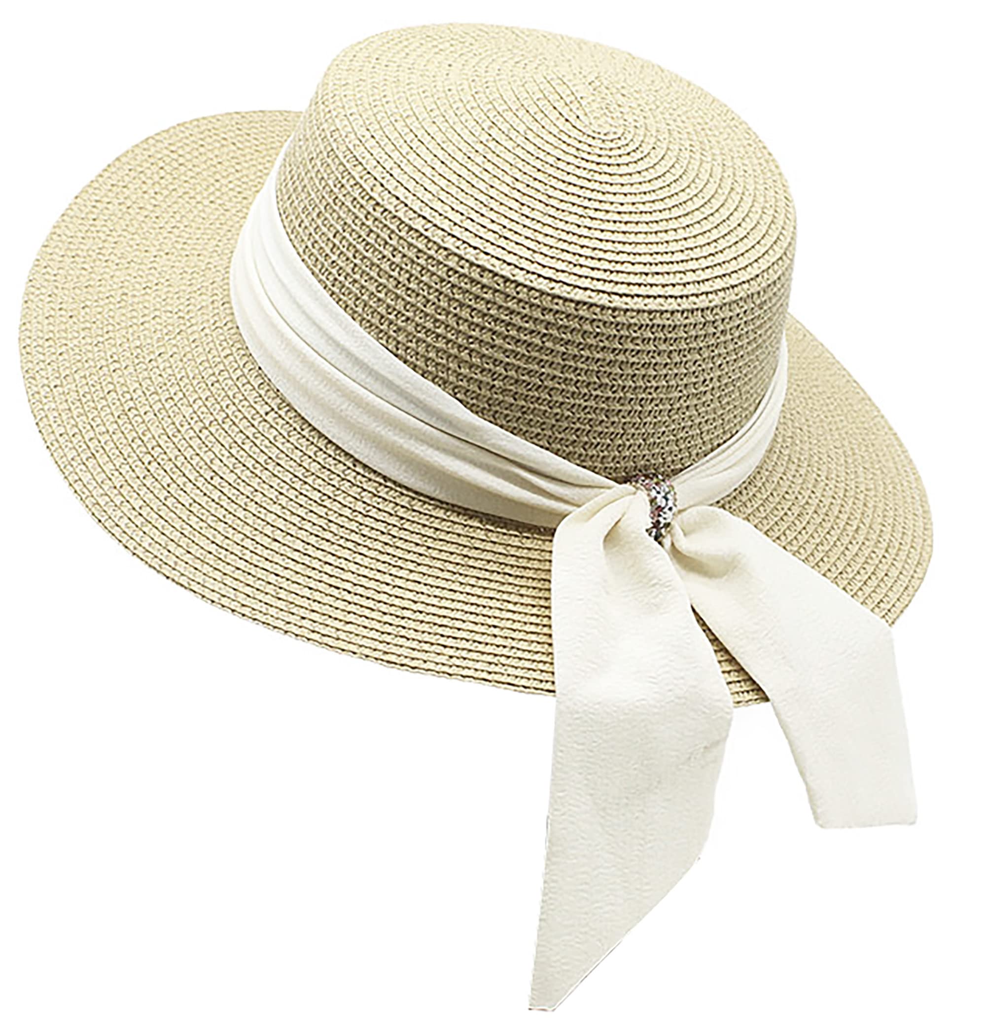 Women's Straw Boater Hat - Wide Brim Sun Hat for Beach, Summer & Outdoor - Panama Style Flat Top with Ribbon - Perfect for Vacations, Pool Parties & Garden Events