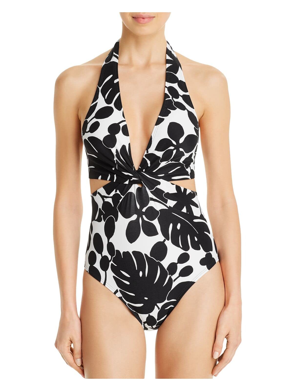 Kate Spade New York Monstera Knotted Halter Cutout One-Piece Swimsuit | Stylish Women's Bathing Suit for Pool, Beach & Vacation | Flattering Halter Neck Design with Tropical Leaf Print