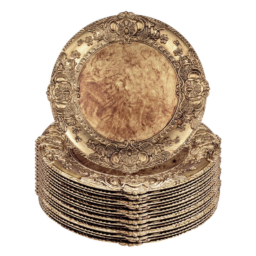 Koyal Wholesale 12-Piece Bronze Antique Embossed Charger Plates Set - French Style Rustic Table Decor for Weddings, Parties & Fine Dining