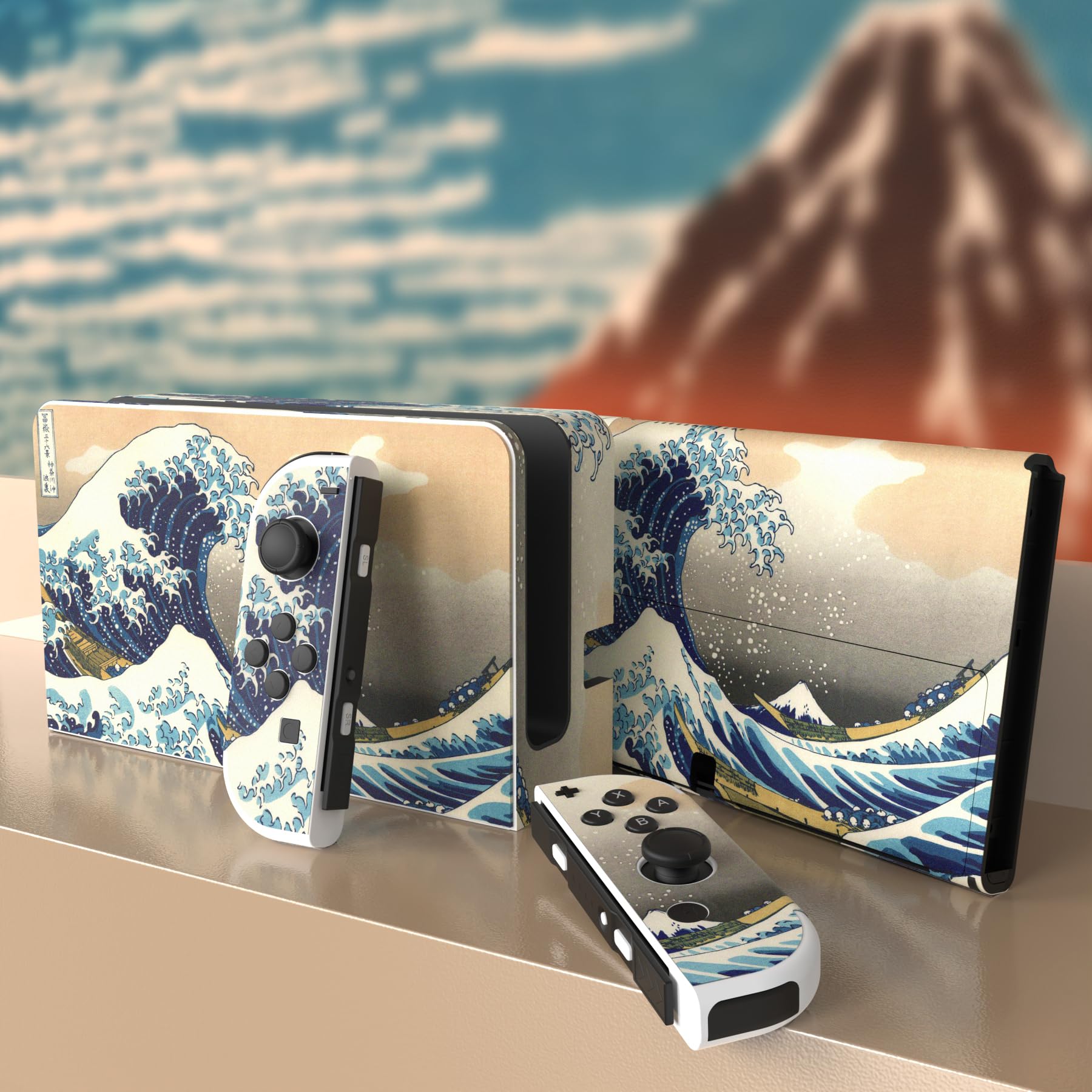 PlayVital Full Set Protective Stickers for Nintendo Switch OLED Model - Custom Vinyl Decal Skins for Switch OLED Console, Joycon, Dock & Grip - The Great Wave Design - Perfect for Gaming Protection and Personalization